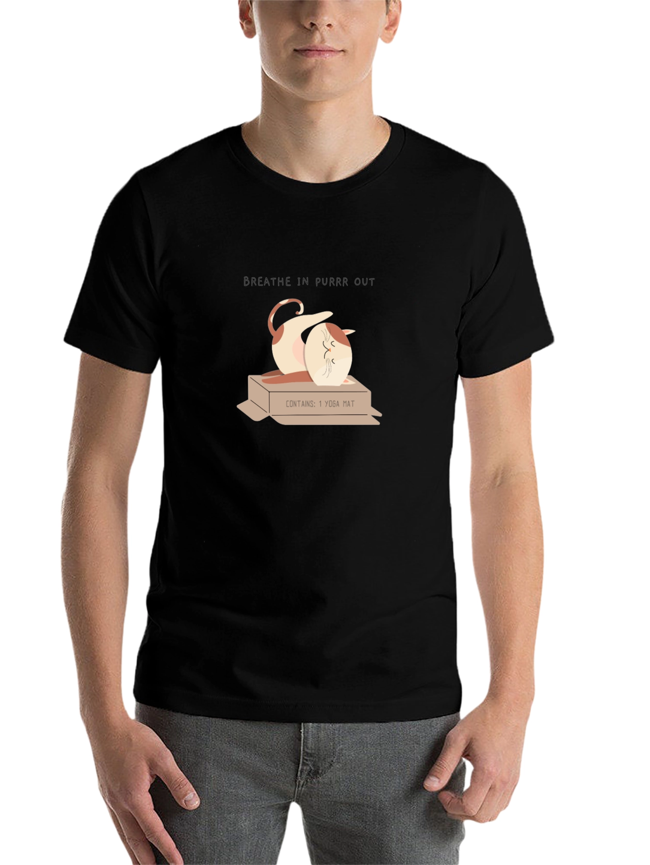 Black Yoga Cat T-Shirt - Breathe In, Purrr Out view 7
