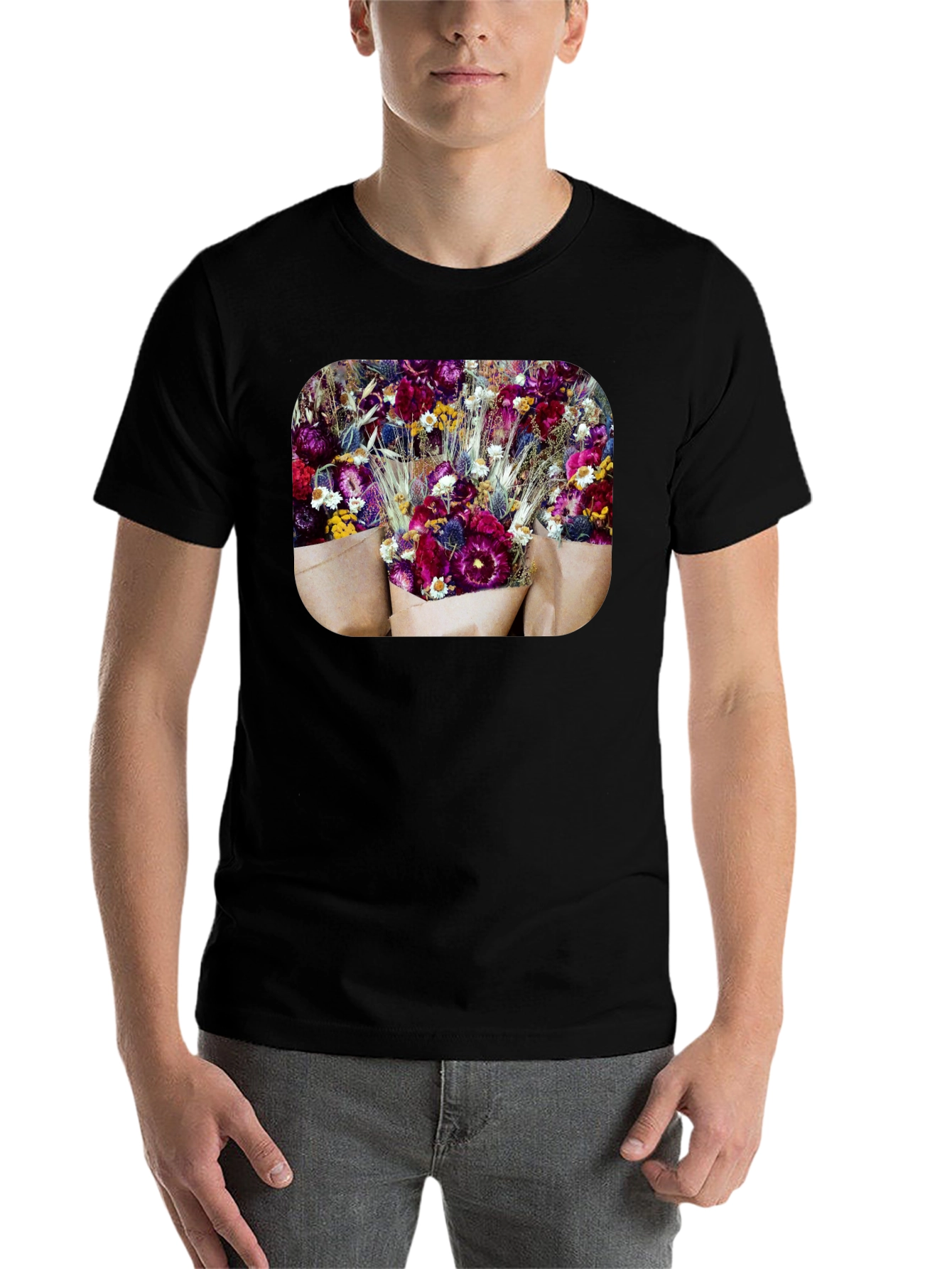 Black Floral Bouquet Graphic Print Black T-Shirt view 7