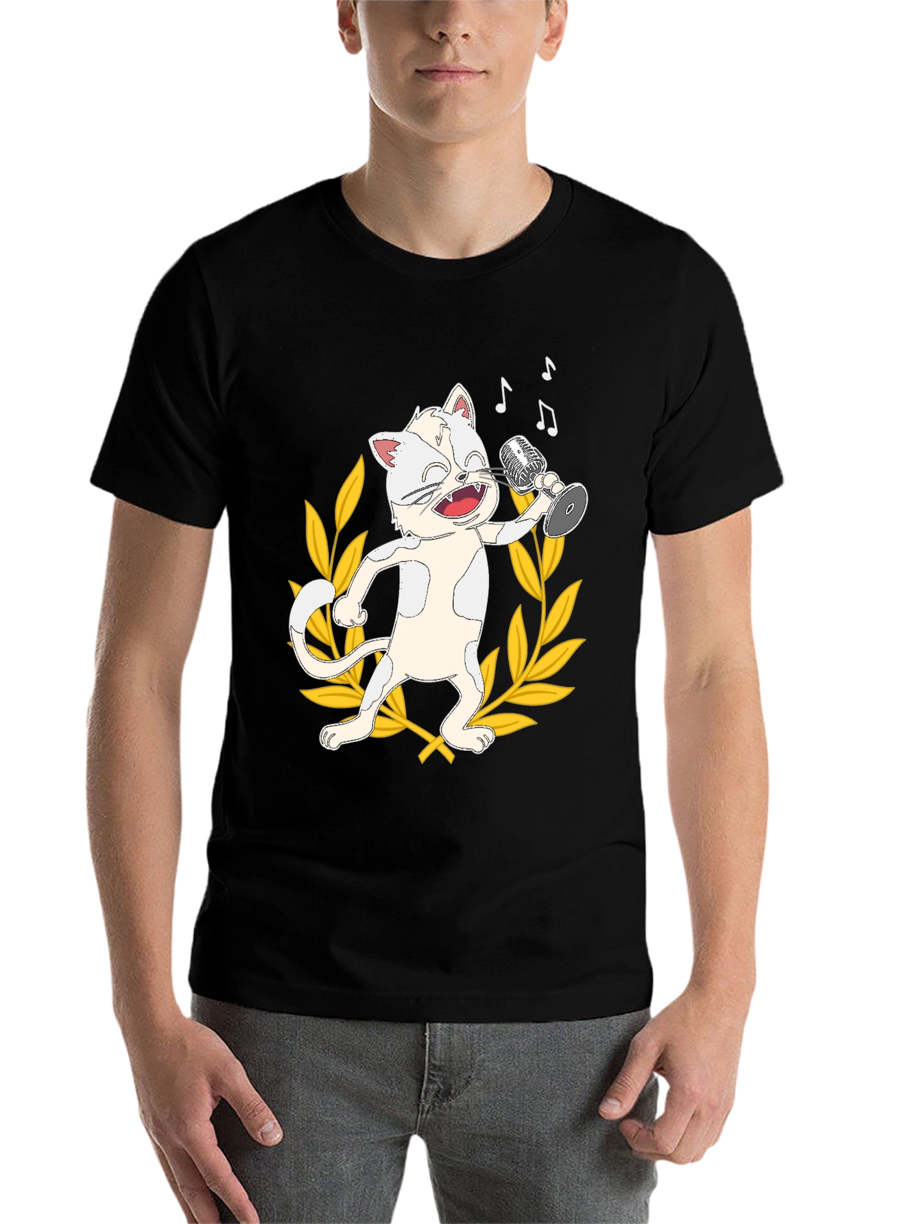Black Singing Cat Graphic Tee - Black Cotton T-Shirt view 7