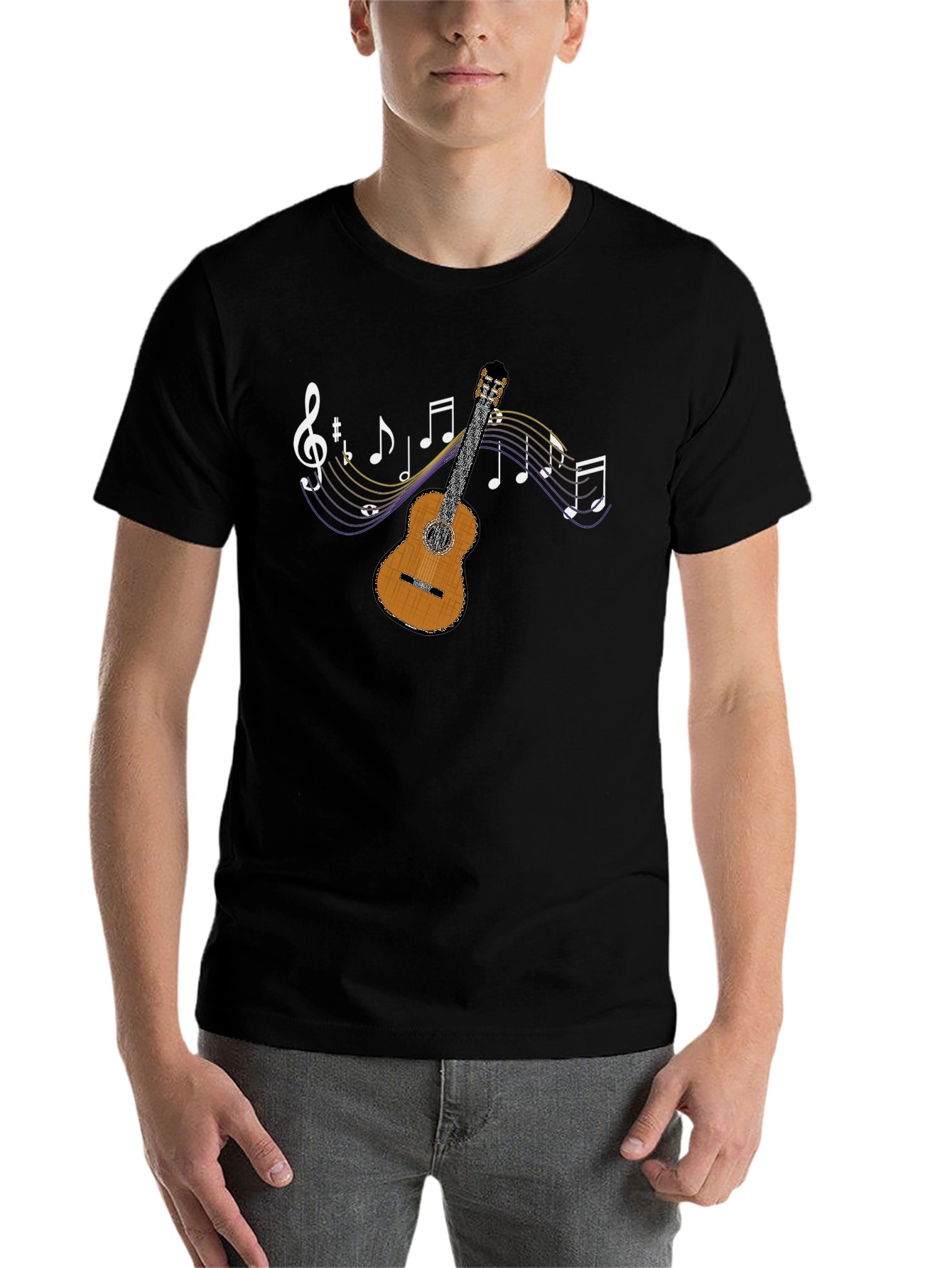 Black Guitar and Music Notes Graphic T-Shirt view 7