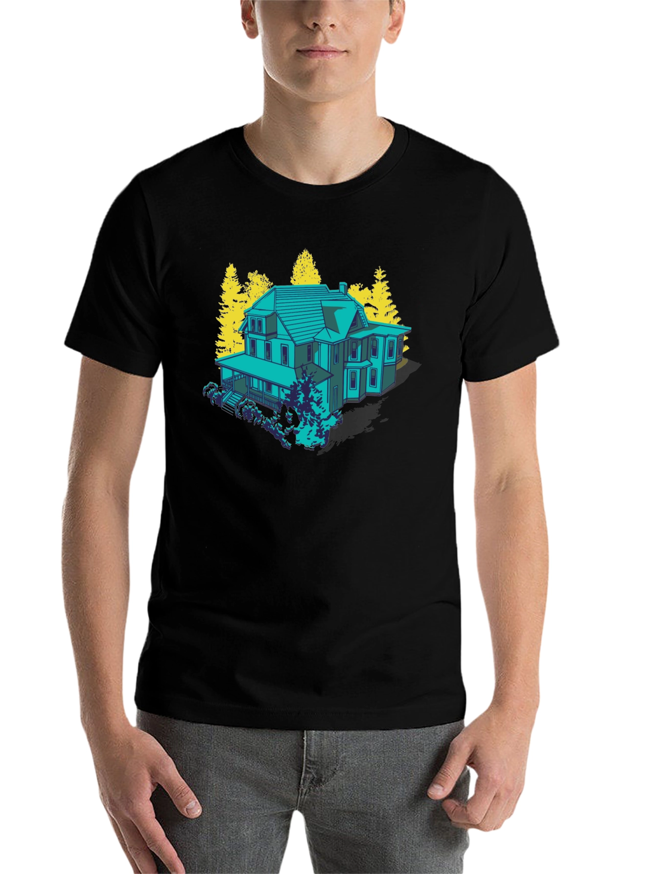 Black Haunted House Graphic Tee - Novelty T-Shirt view 7