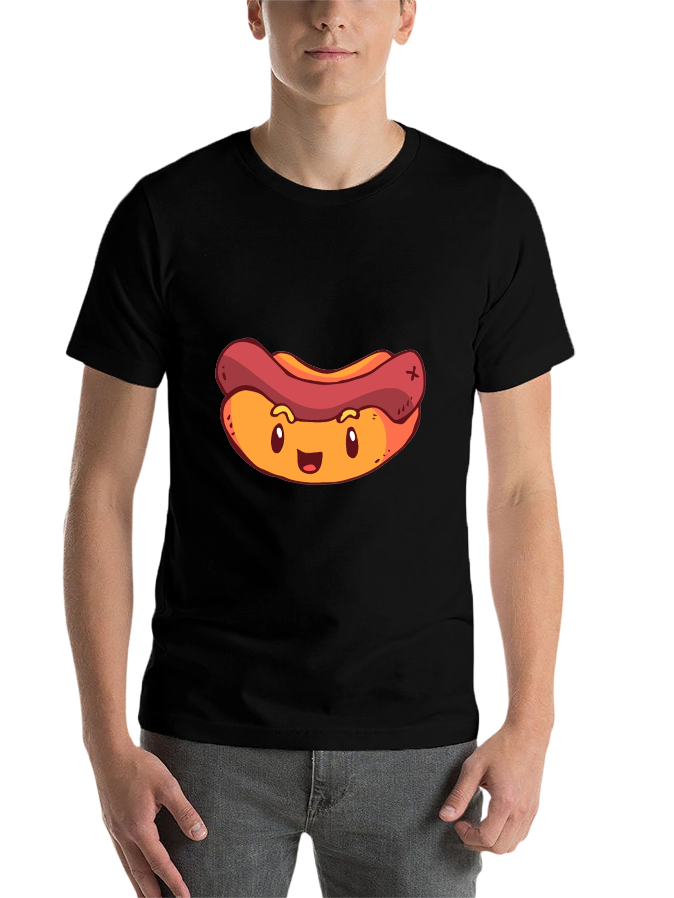 Black Cartoon Hotdog Graphic T-Shirt - Black view 7