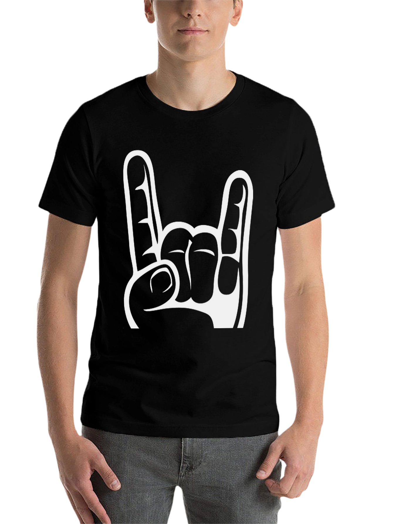 Black Rock On Hand Gesture Graphic Tee - Black Cotton T-Shirt view 7