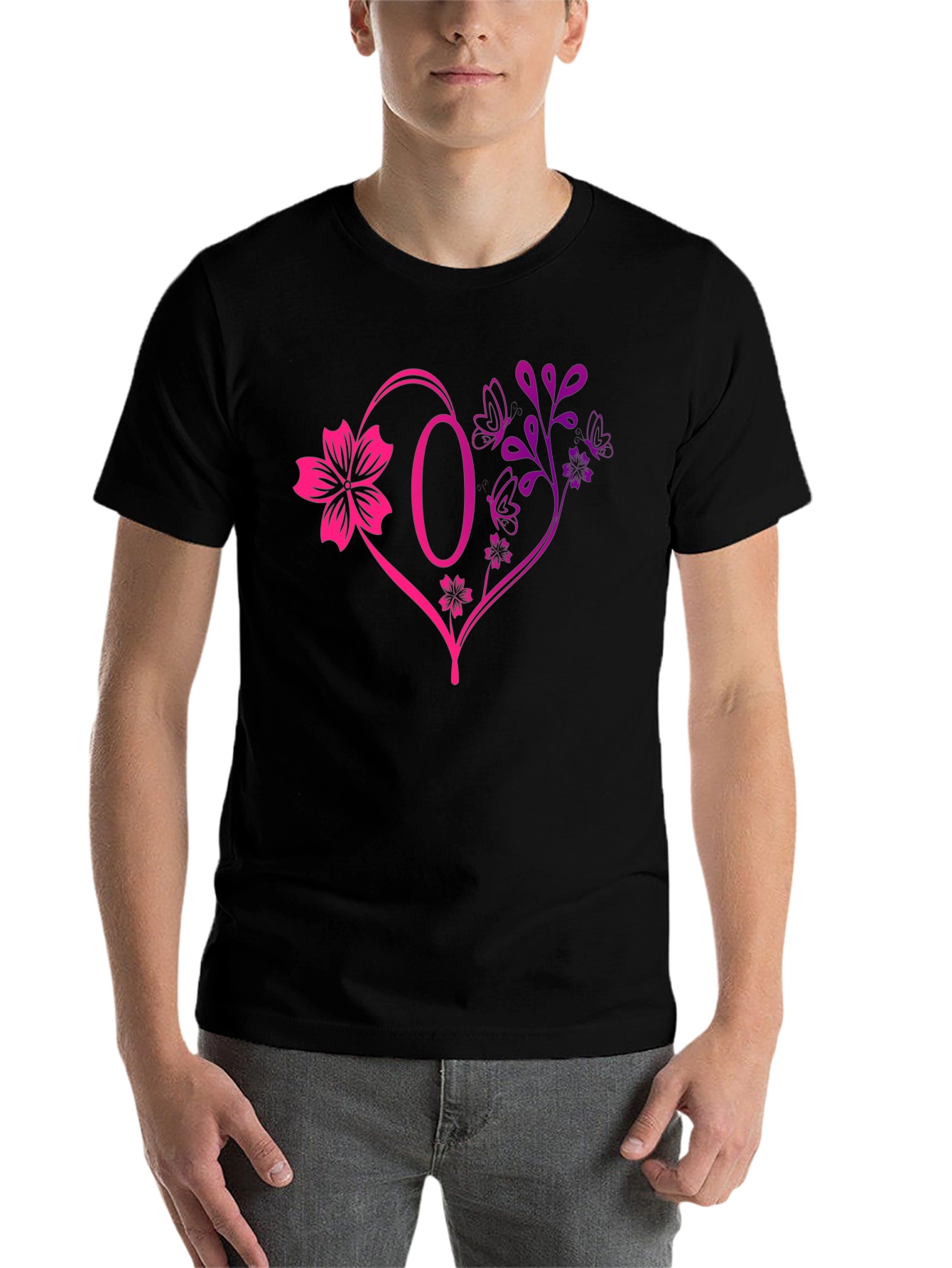 Black Floral Heart Initial T-Shirt - Personalized Letter O Design view 7