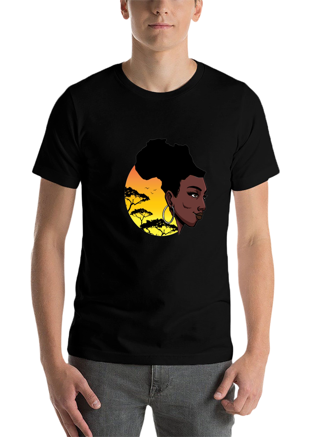 Black Stylish Black T-Shirt with African Sunset Graphic view 7