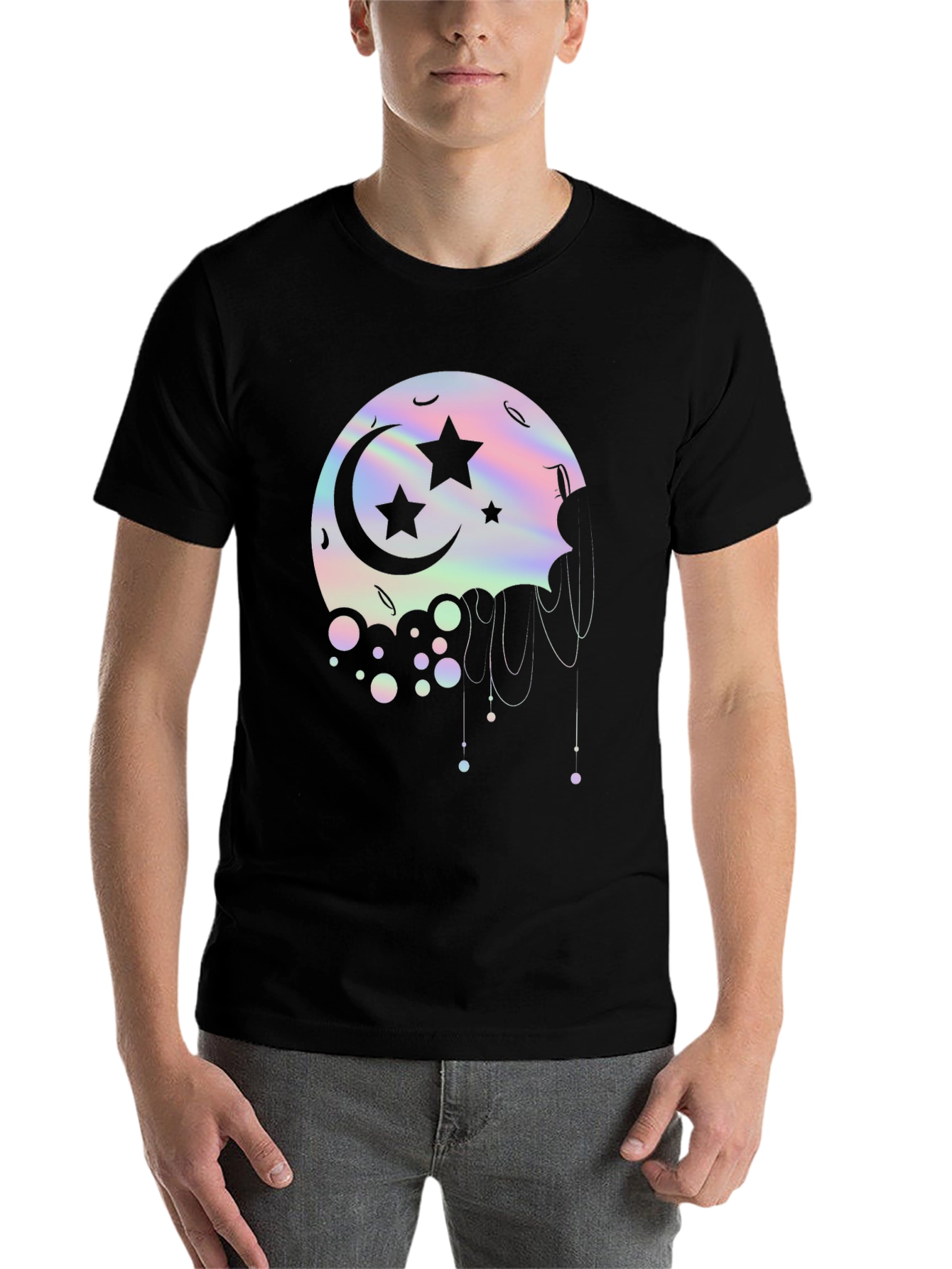Black Dreamy Moon Stars Graphic Tee - Black Cotton T-Shirt view 7