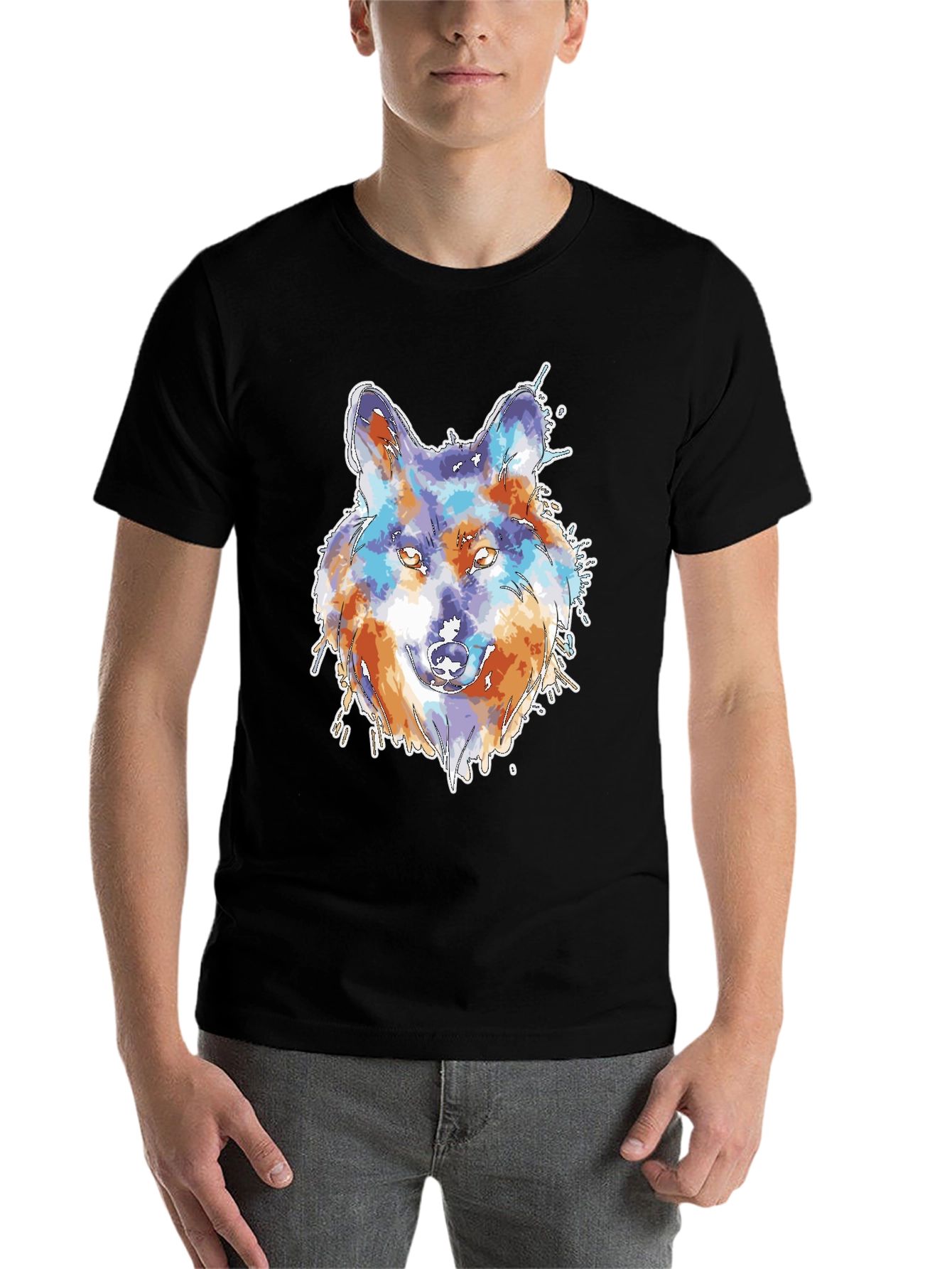 Black Wolf Watercolor Graphic Print Black T-Shirt view 7