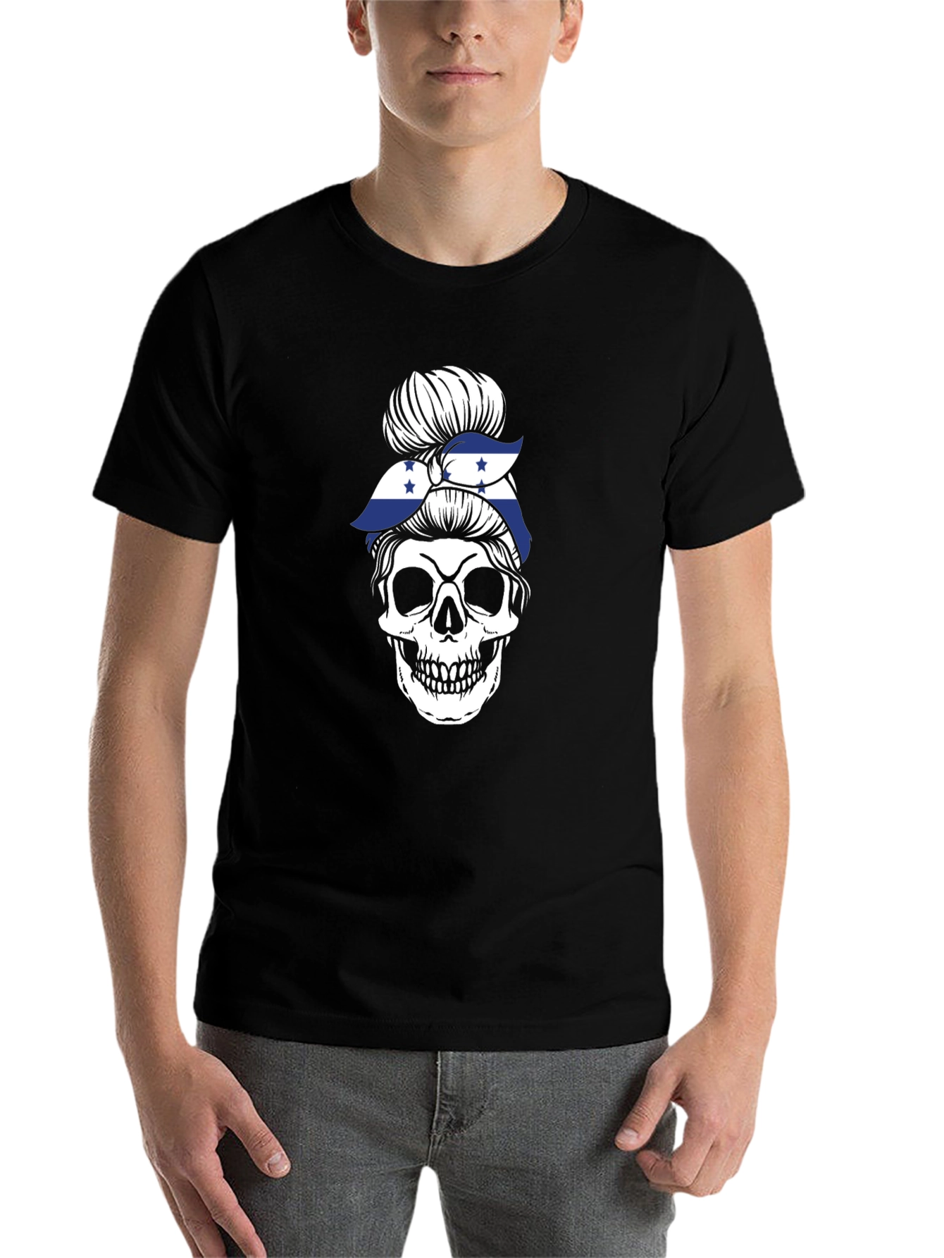 Black Skull Messy Bun Honduras Flag T-Shirt view 7