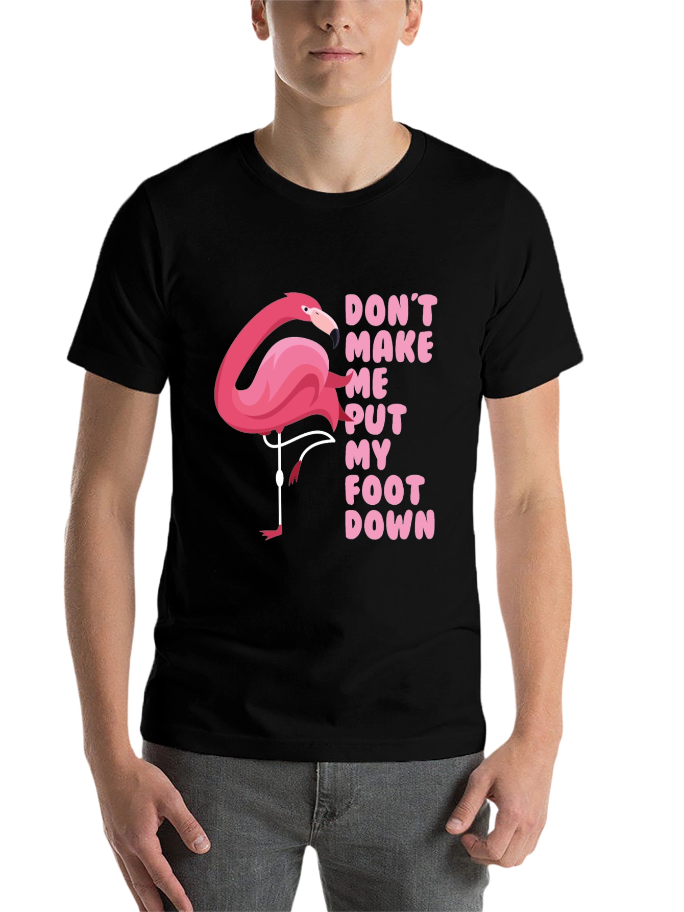 Black Funny Flamingo T-Shirt: Don't Make Me Put My Foot Down view 7