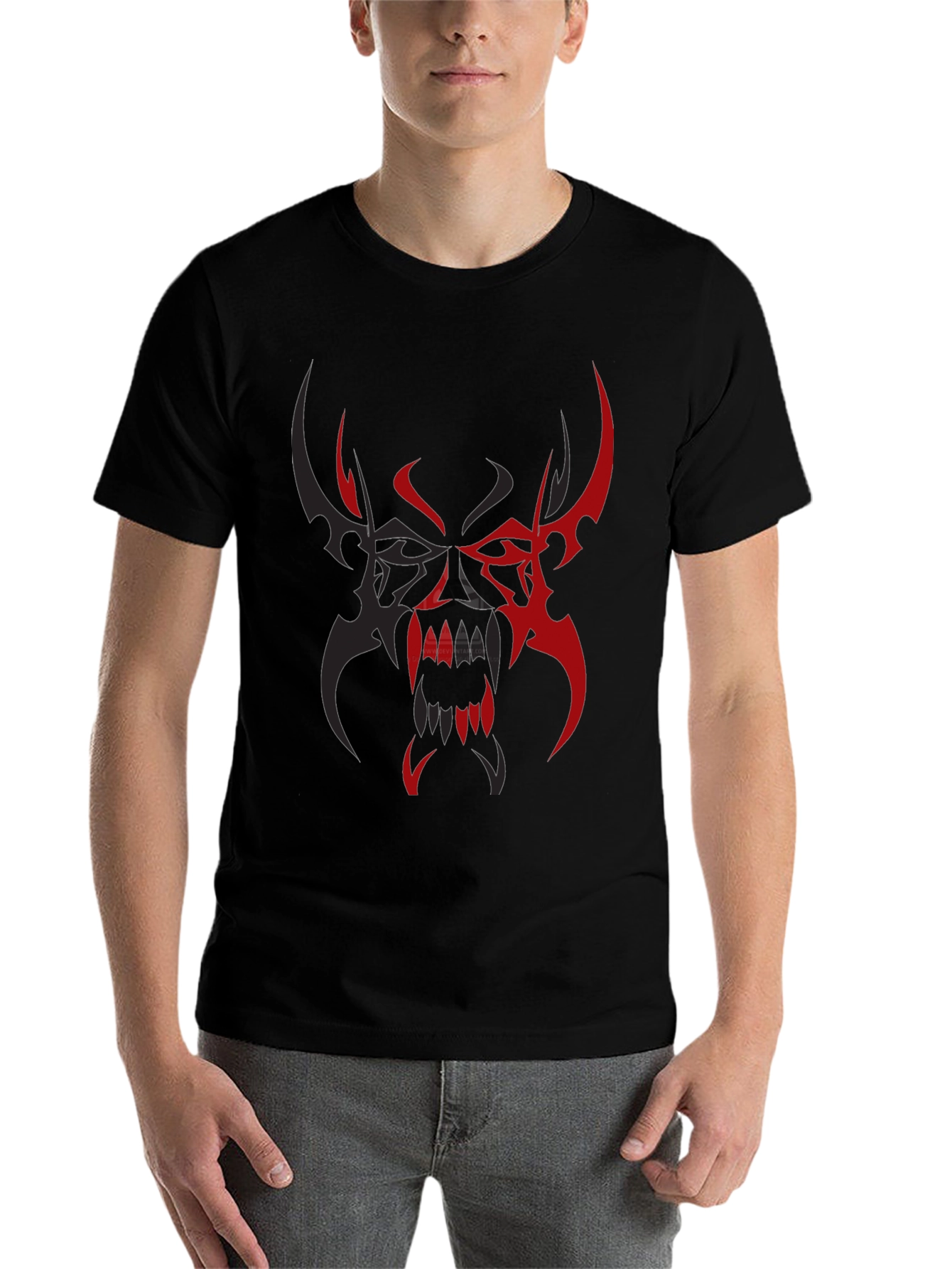Black Men's Black T-Shirt with Red/Black Tribal Demon Design view 7