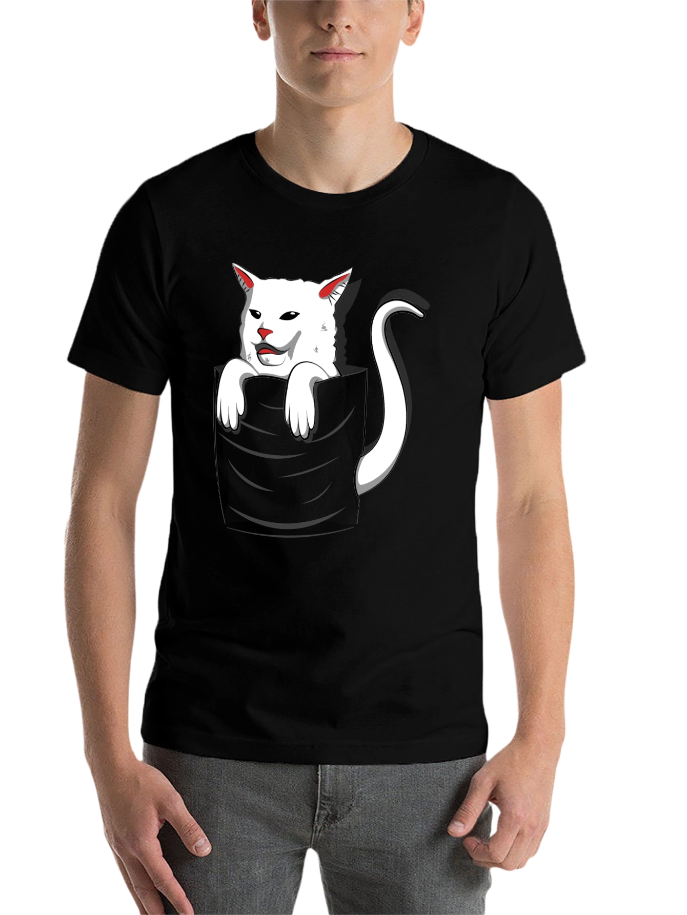 Black Cat Pocket T-Shirt - Funny White Cat Design view 7