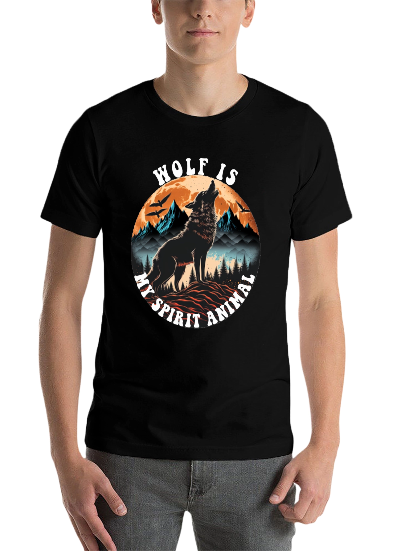 Black Wolf Spirit Animal Graphic Tee - Black Cotton Blend view 7