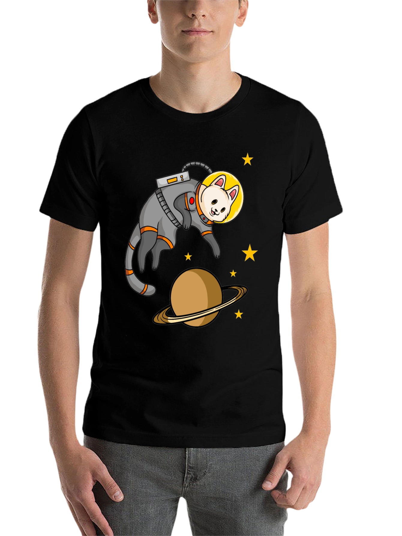 Black Astronaut Cat Black T-Shirt view 7