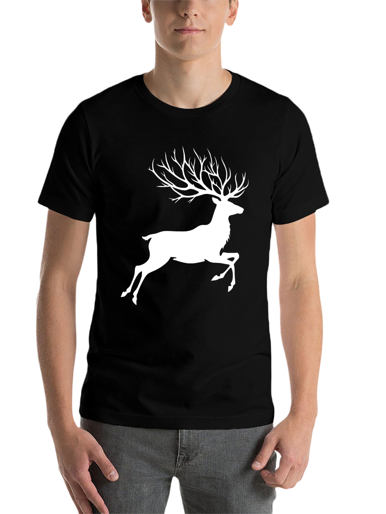Black Stylish Deer Antler Graphic T-Shirt - Black view 7