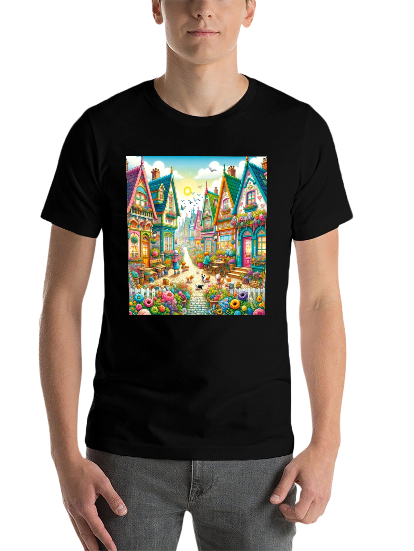 Black Whimsical Village T-Shirt - Colorful Town Design view 7