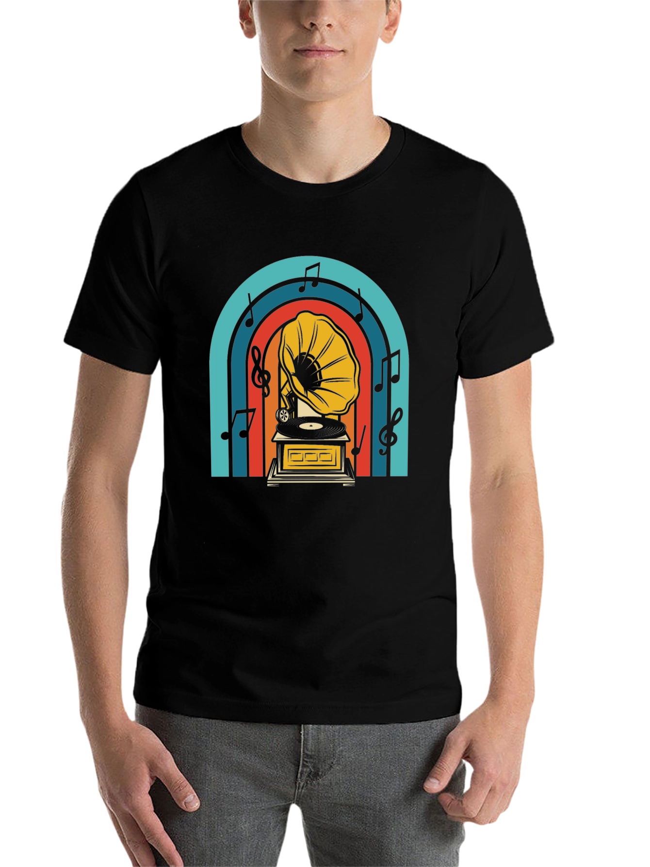 Black Retro Gramophone T-Shirt - Vintage Music Lover Tee view 7