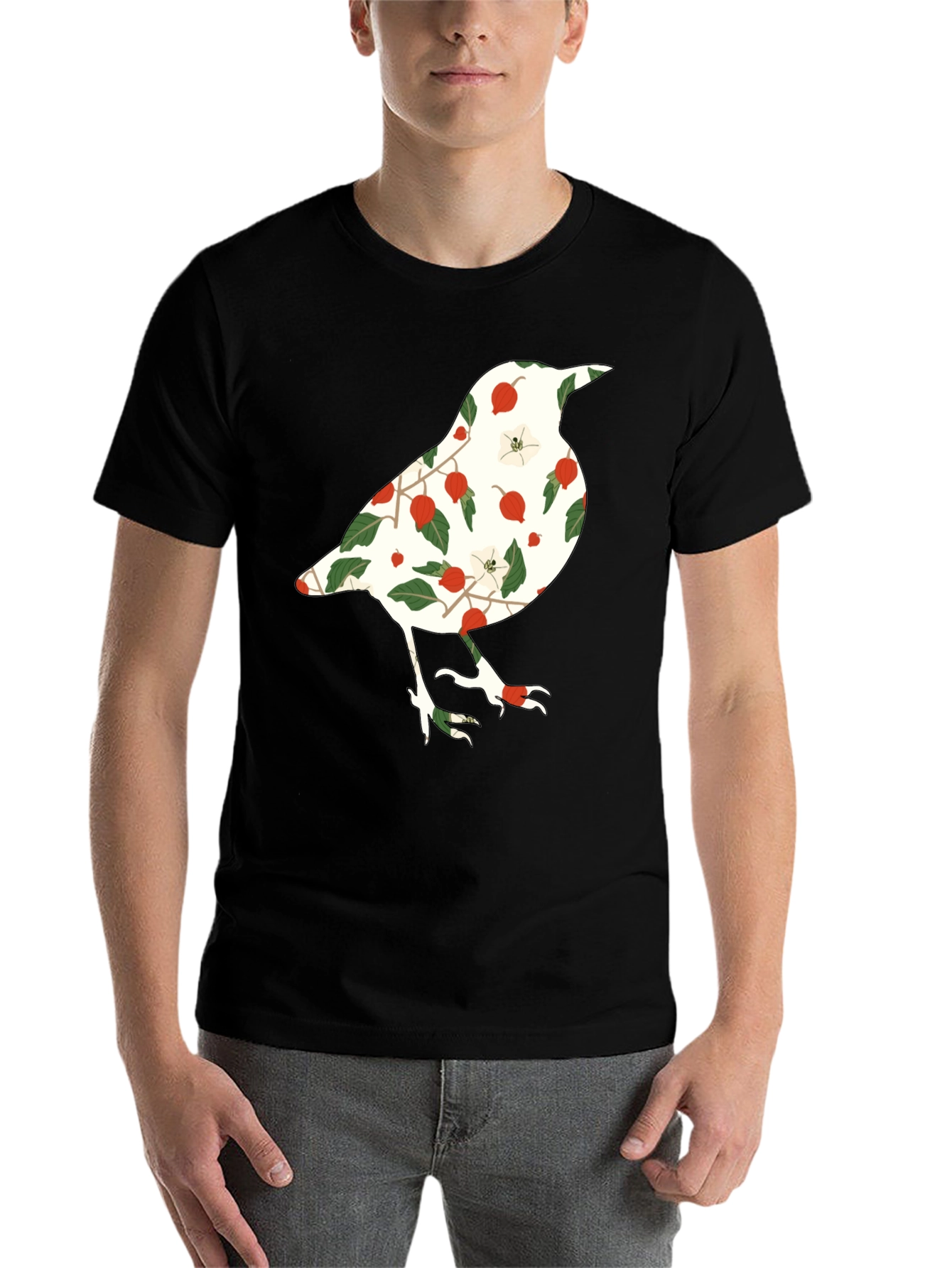 Black Floral Bird Graphic Tee - Black Casual T-Shirt view 7