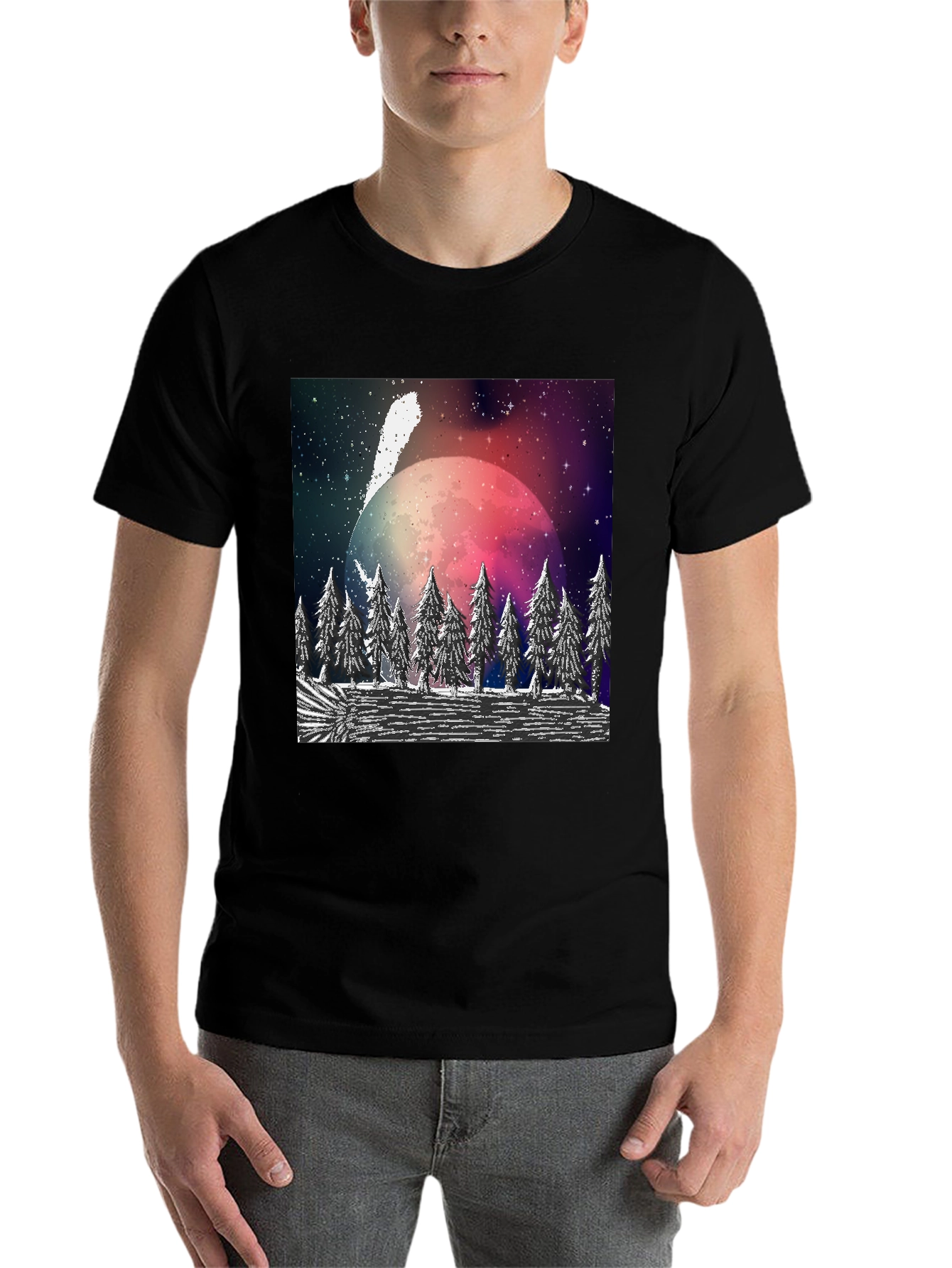 Black Cosmic Forest T-Shirt - Black Crew Neck view 7