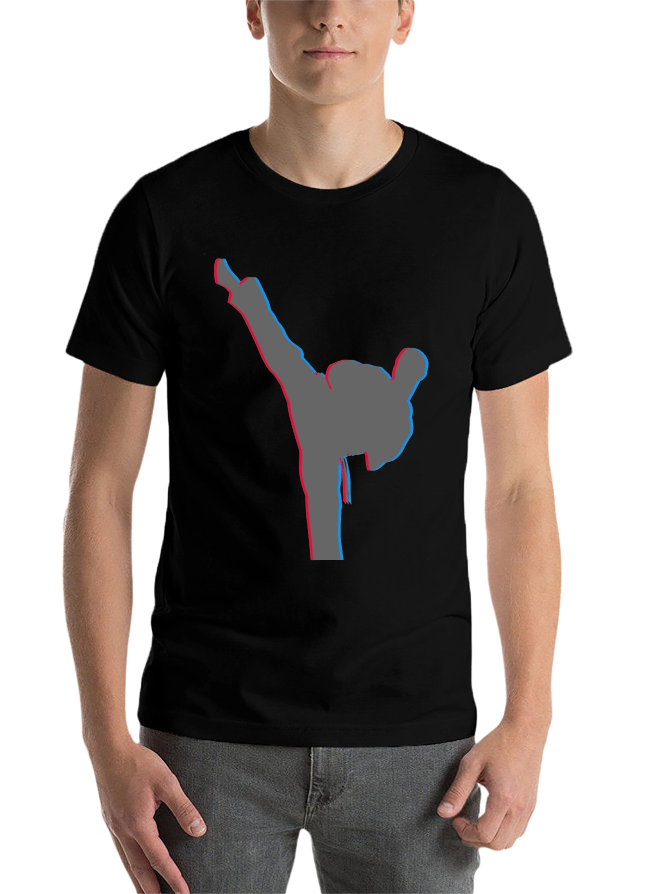 Black Men's Black T-Shirt with Karate Kick Graphic view 7