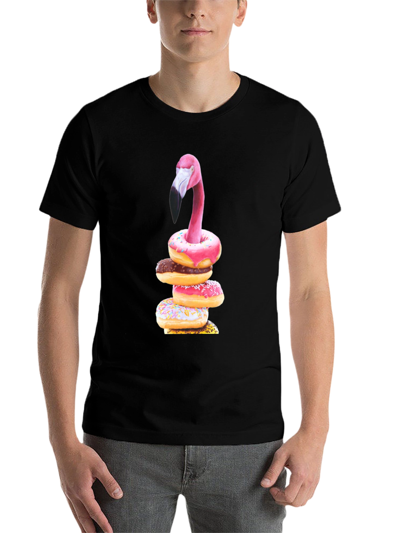 Black Flamingo Donut Stack Graphic Tee view 7