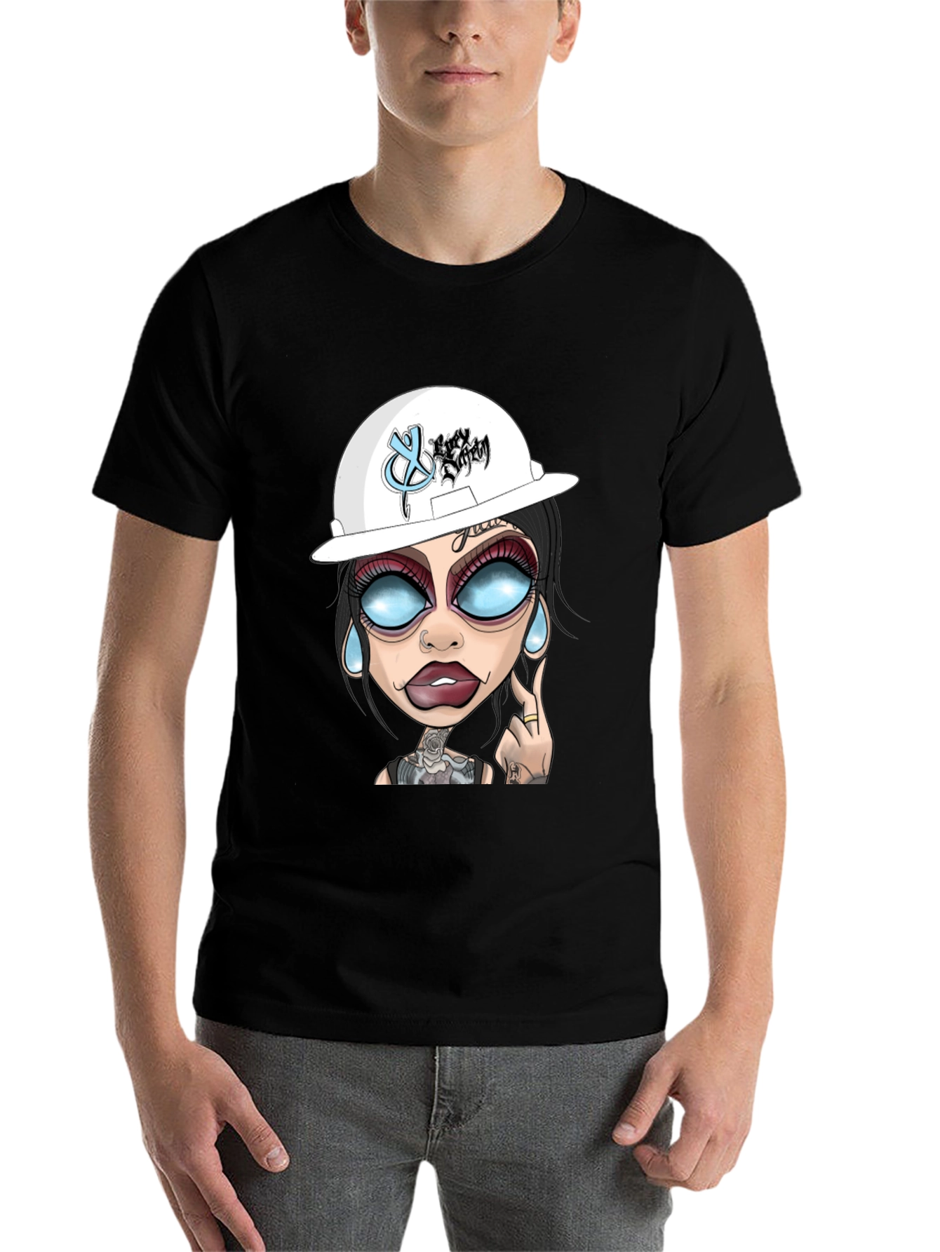 Black Cartoon Graphic T-Shirt - Edgy Tattoo Girl Design view 7