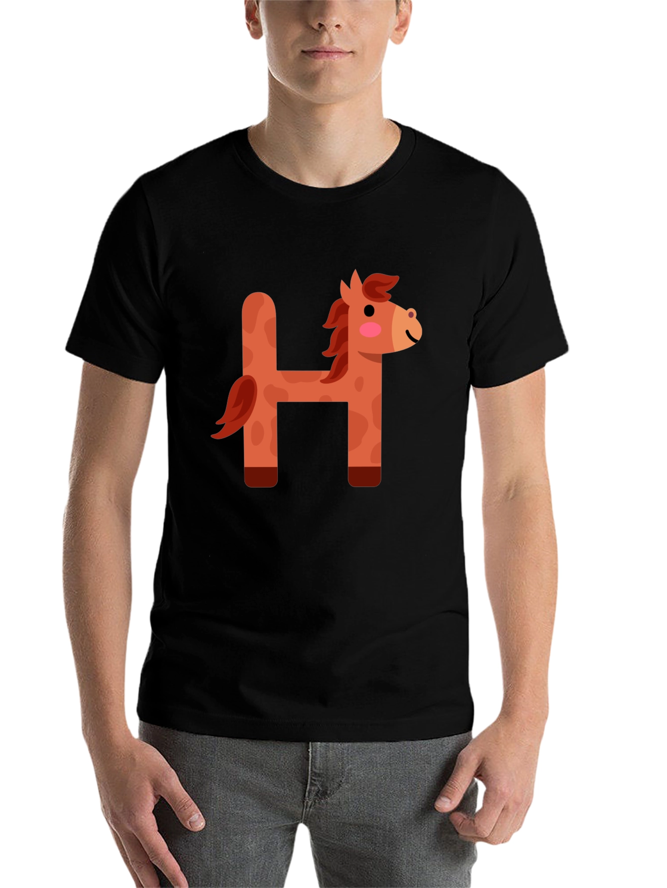 Black Cute Horse Letter H Black T-Shirt view 7