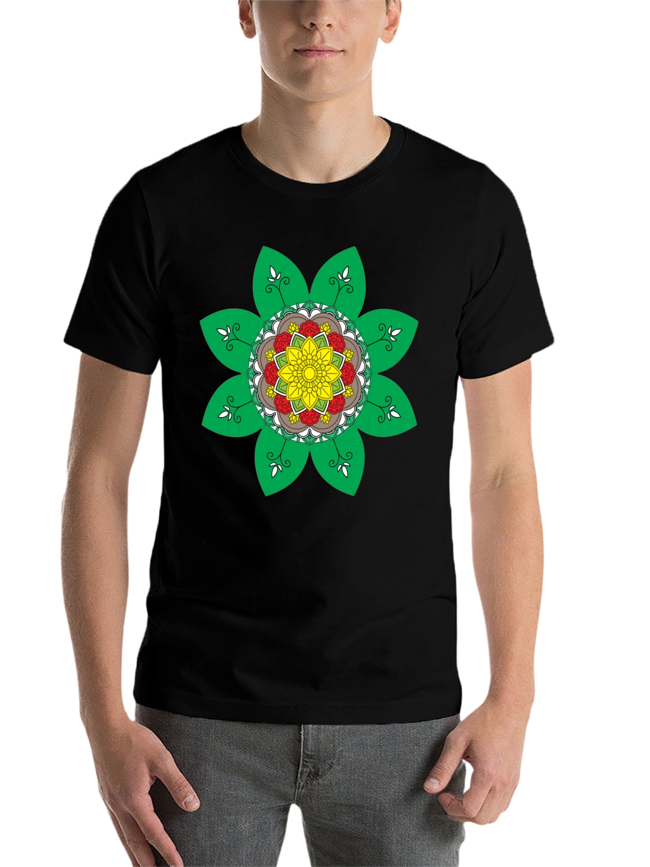 Black Floral Mandala Graphic Tee - Black Cotton Blend Shirt view 7