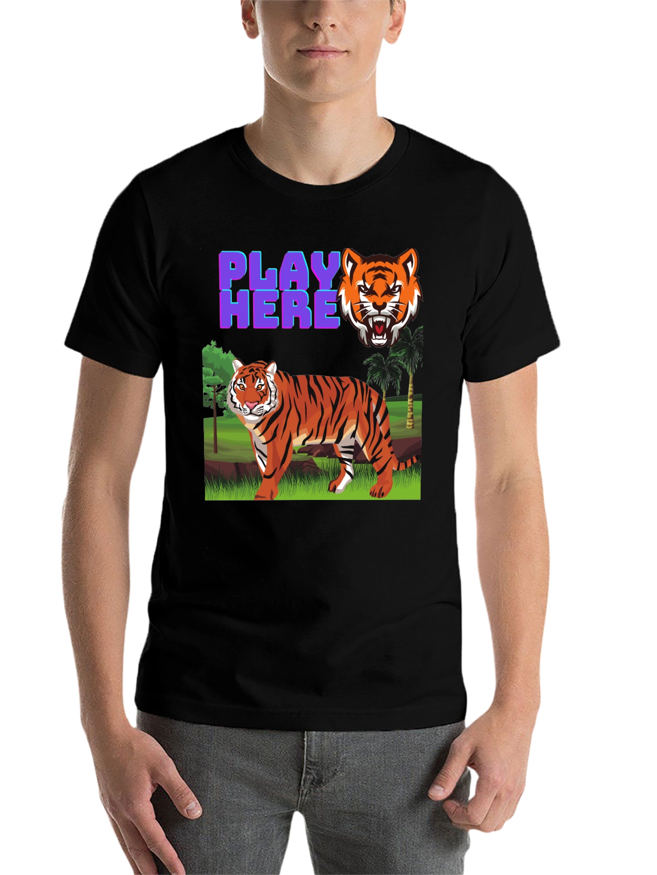 Black Play Here Tiger Graphic Tee - Cool Animal Print Shirt view 7