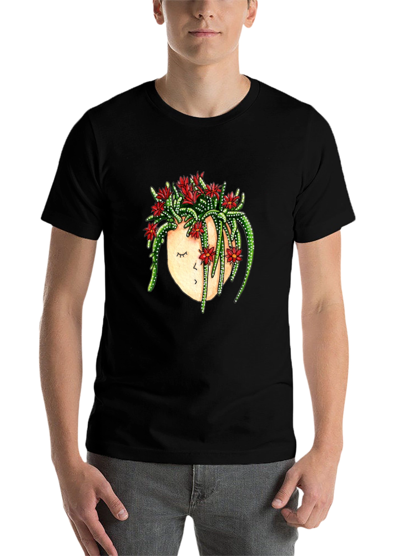 Black Cactus Head Graphic Tee - Unique Floral Design view 7