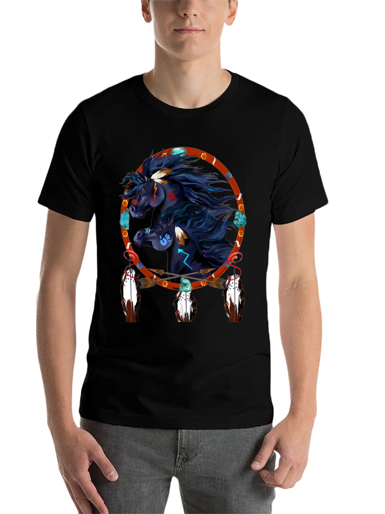 Black Native American Horse Dreamcatcher Graphic Tee view 7