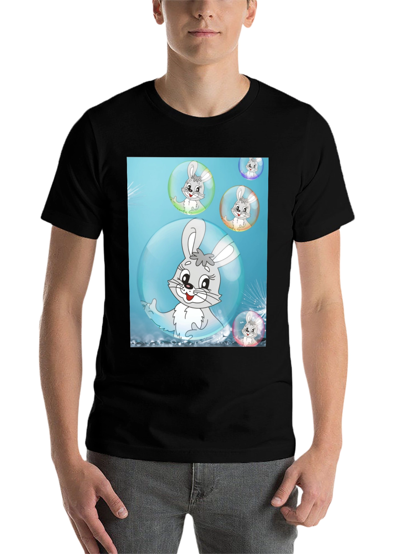 Black Cute Bunny Bubble T-Shirt - Fun Cartoon Design view 7