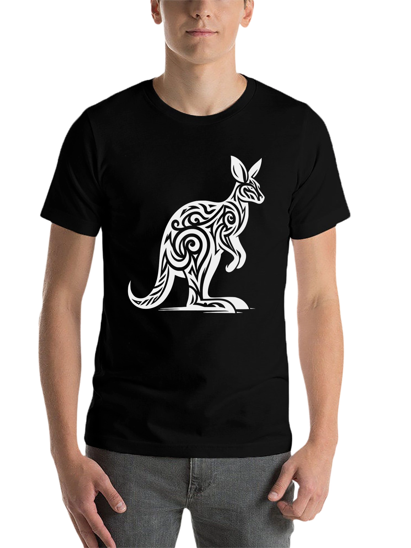 Black Tribal Kangaroo Graphic Tee - Black Cotton T-Shirt view 7