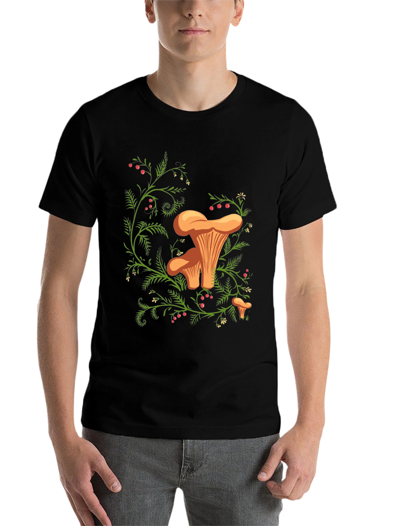 Black Chanterelle Mushroom Print Black T-Shirt view 7