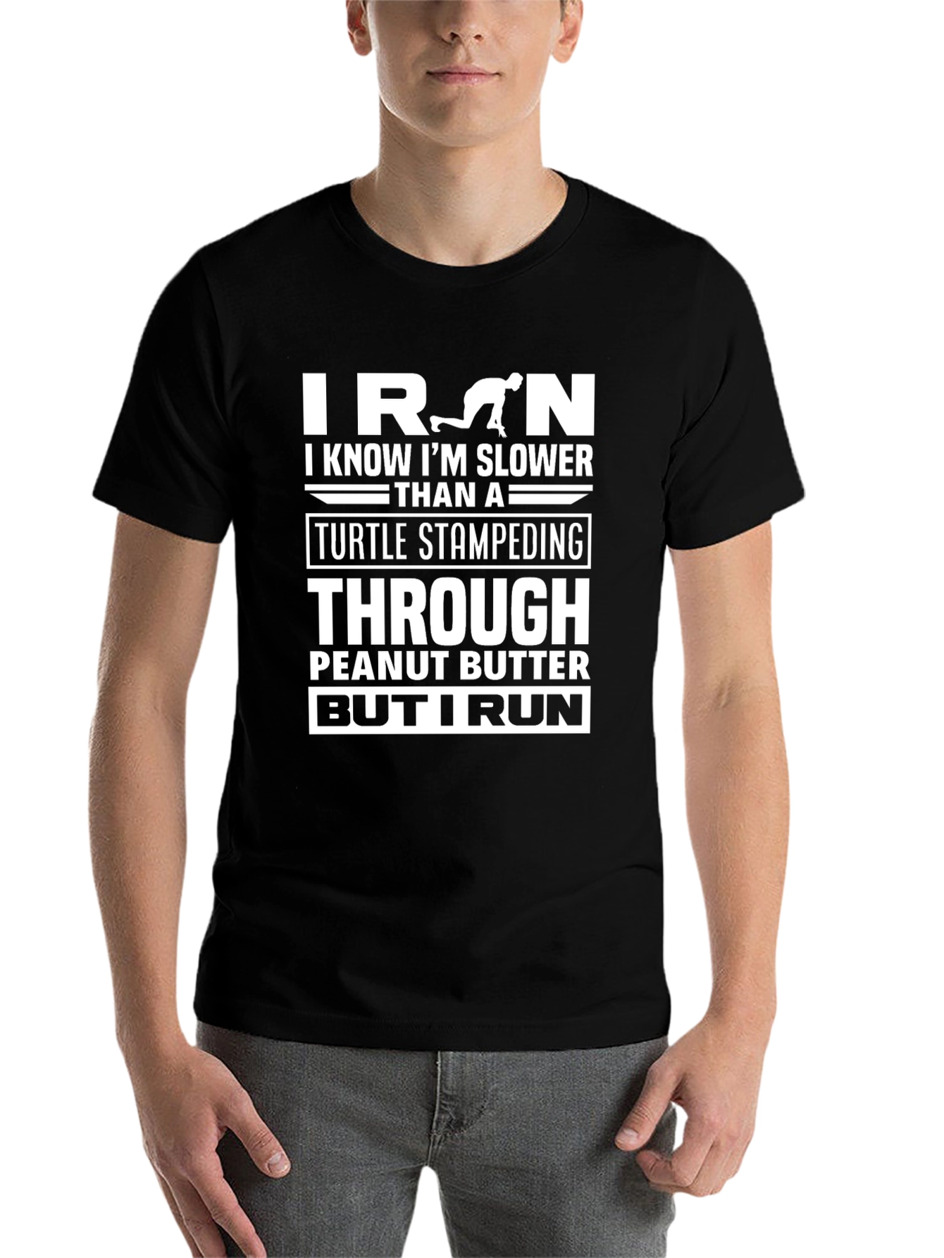 Black Funny Iron Run T-Shirt: Slower Than a Turtle view 7