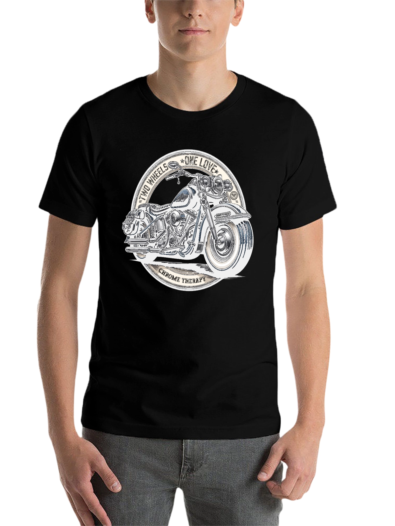 Black Two Wheels One Love Motorcycle Graphic T-Shirt view 7