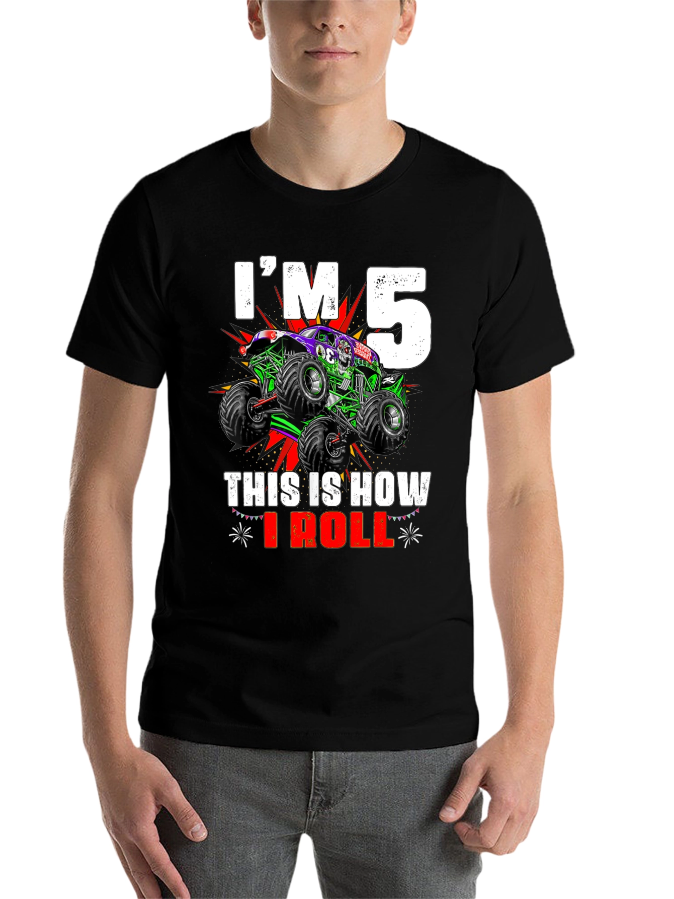 Black I'm 5 This Is How I Roll Monster Truck T-Shirt view 7