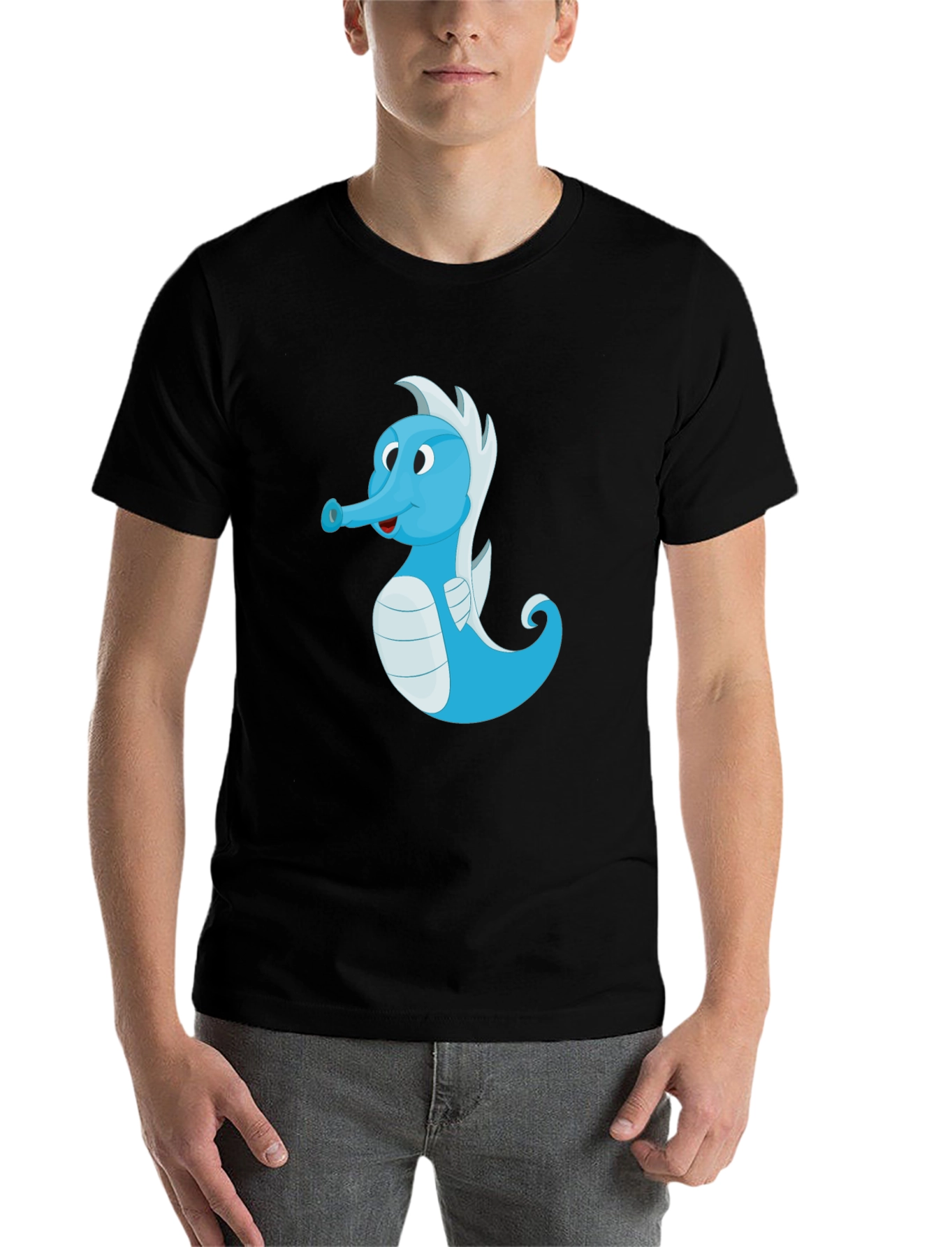 Black Cute Blue Seahorse Graphic Tee - Unisex Black T-Shirt view 7