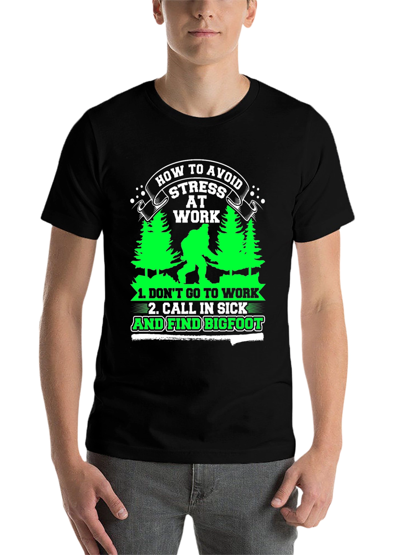 Black Avoid Stress at Work Bigfoot Graphic Tee view 7
