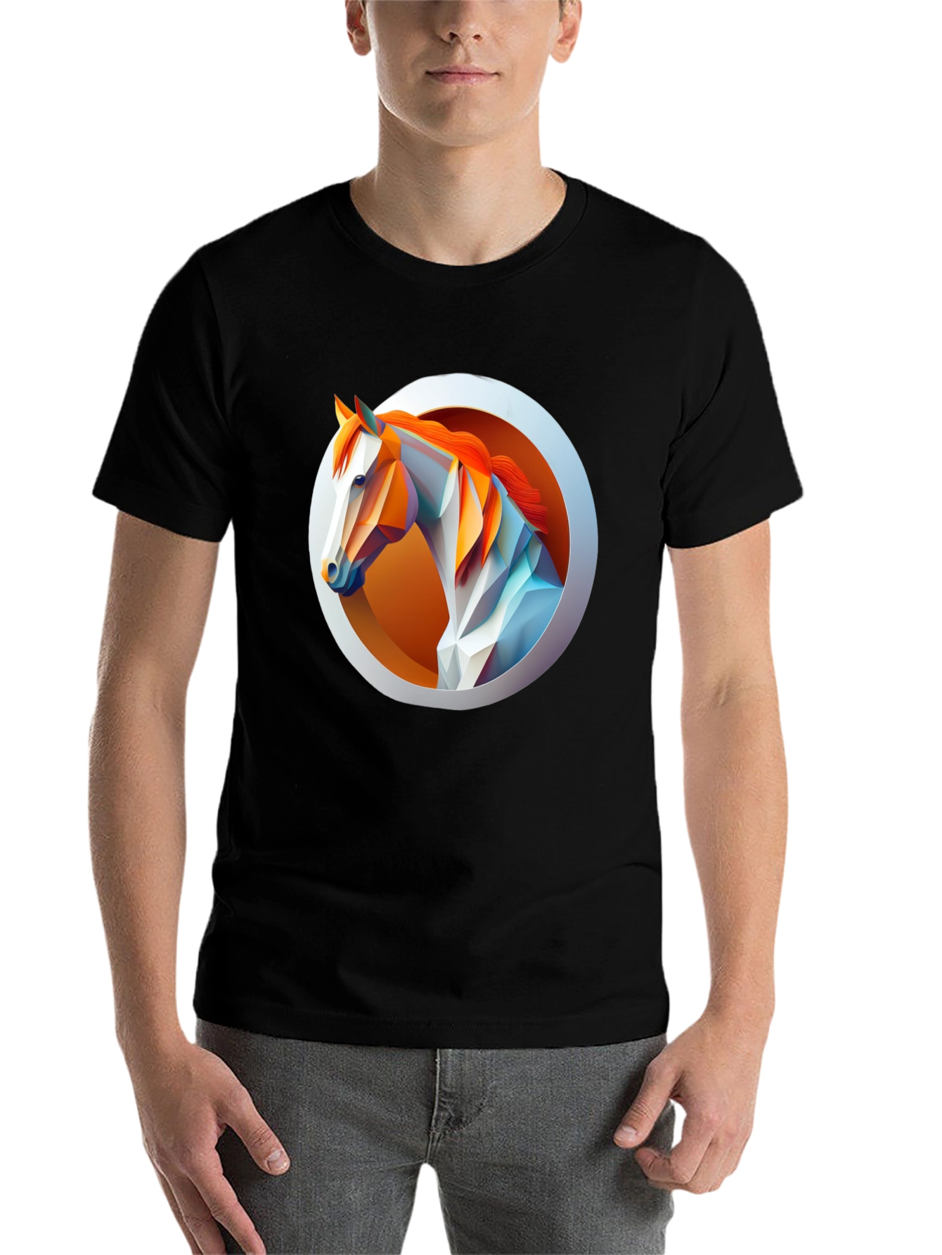 Black Geometric Horse Graphic Tee - Men's Black T-Shirt view 7