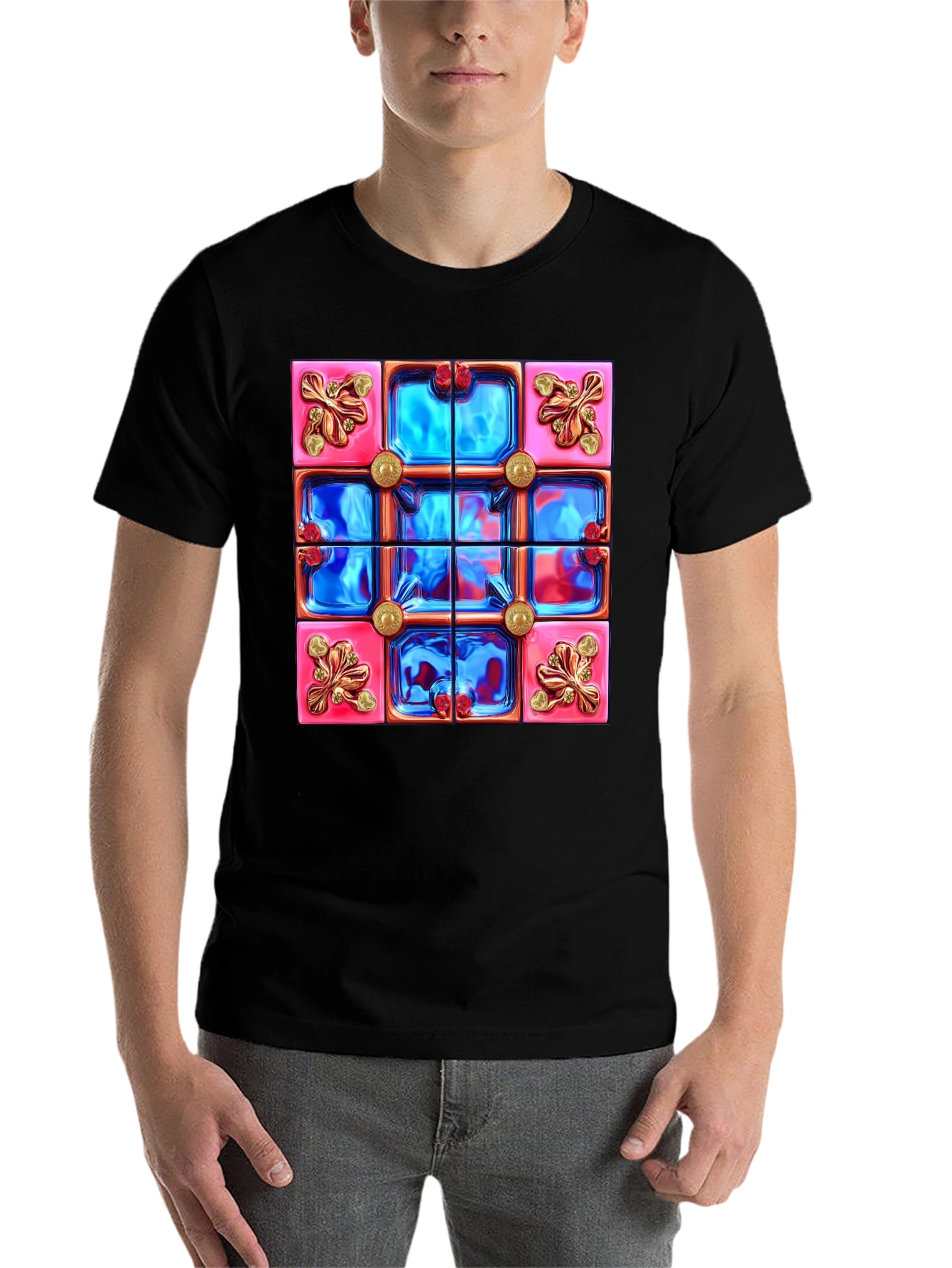 Black Abstract Tile Design Black T-Shirt view 7