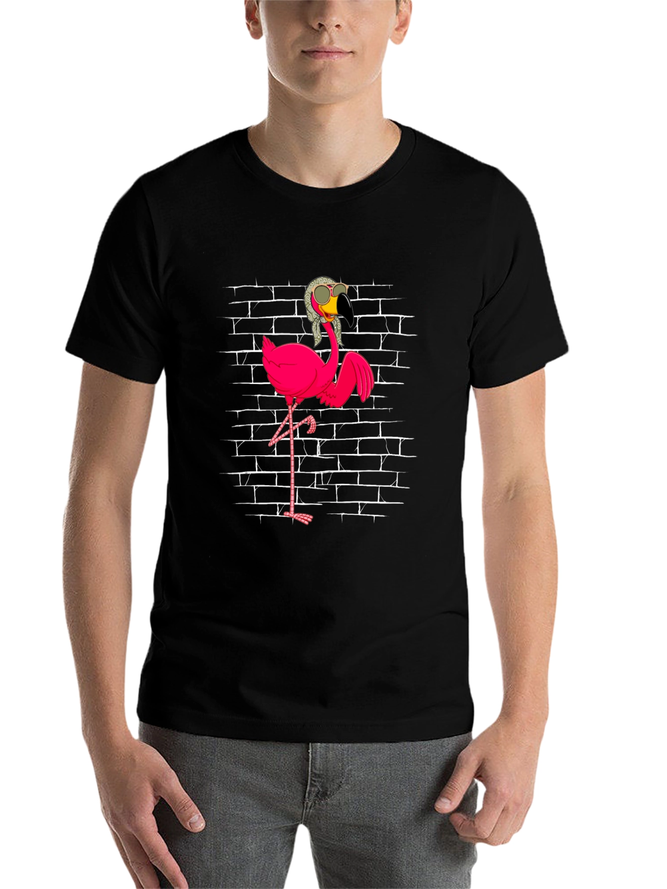 Black Flamingo with Shades T-Shirt - Black view 7