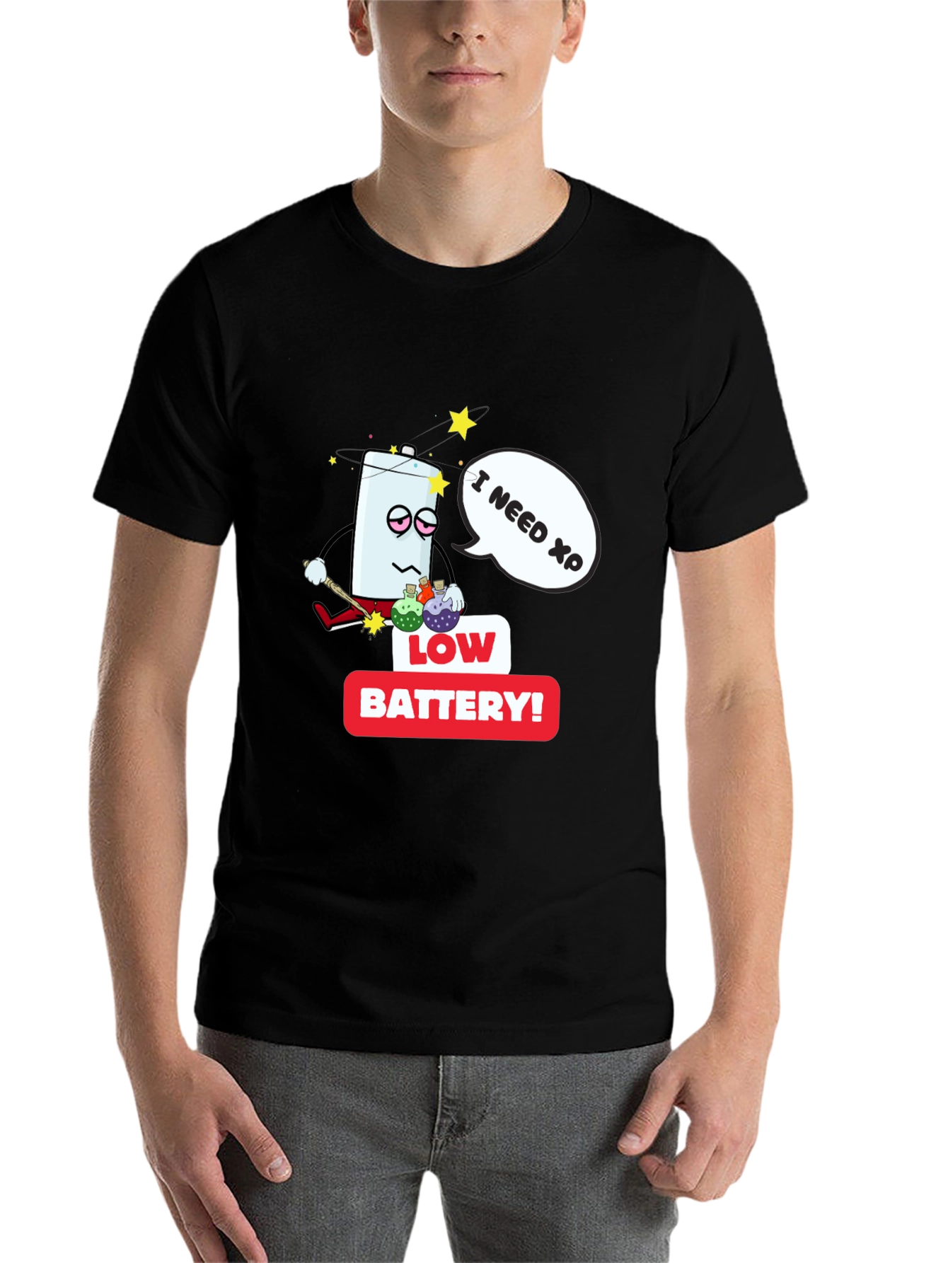 Black Low Battery XP Men's Black T-Shirt view 7