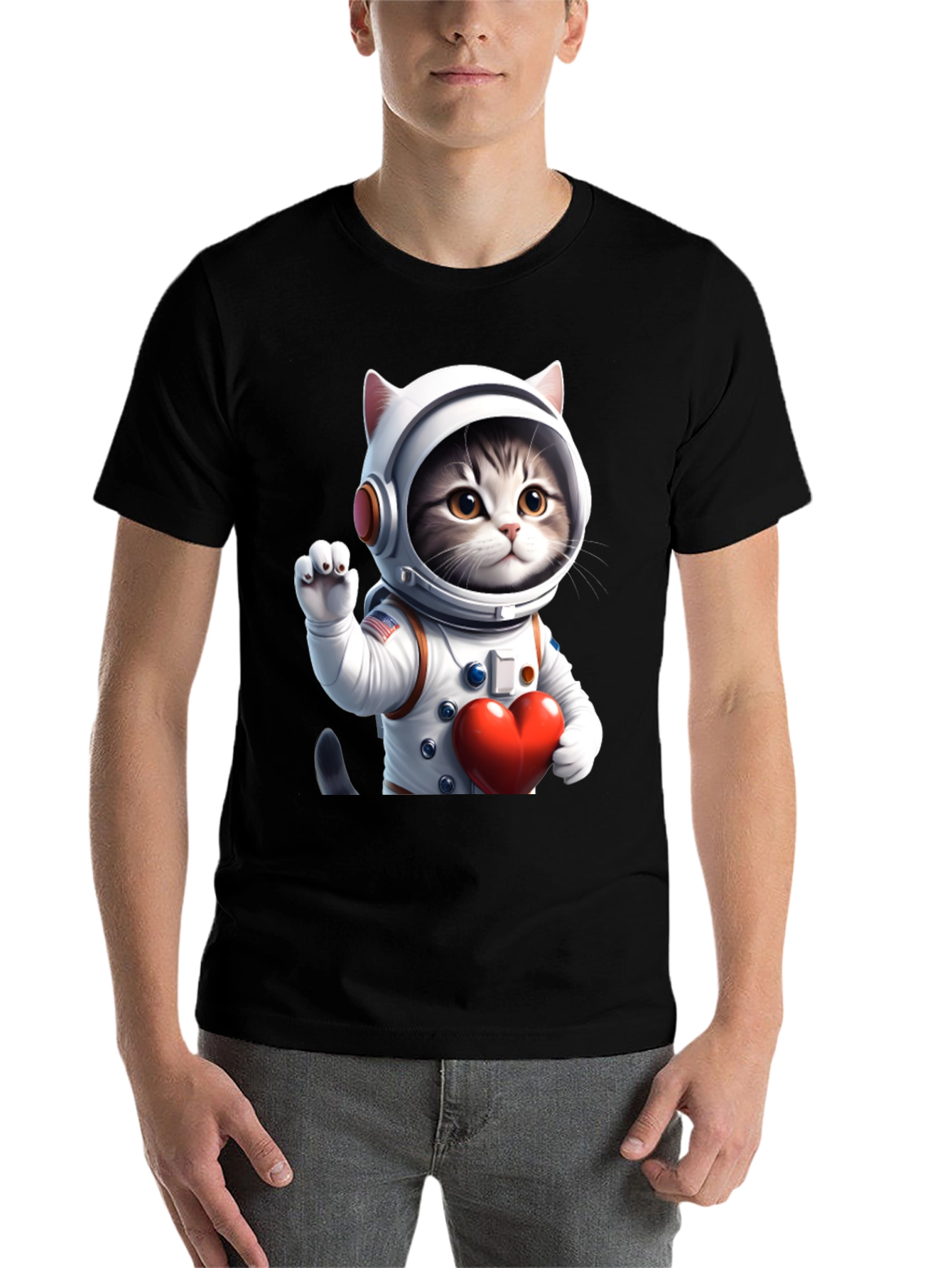 Black Cosmic Kitty T-Shirt - Astronaut Cat with Heart view 7