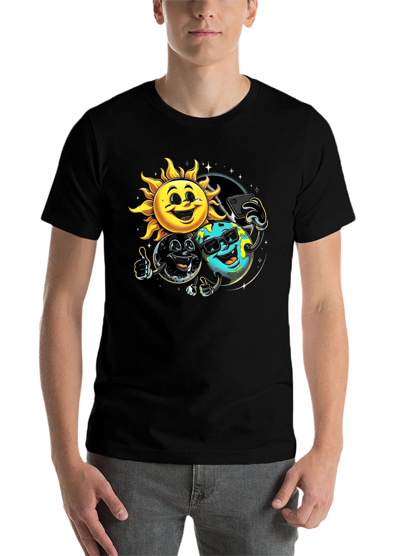 Black Cartoon Planet Selfie T-Shirt view 7