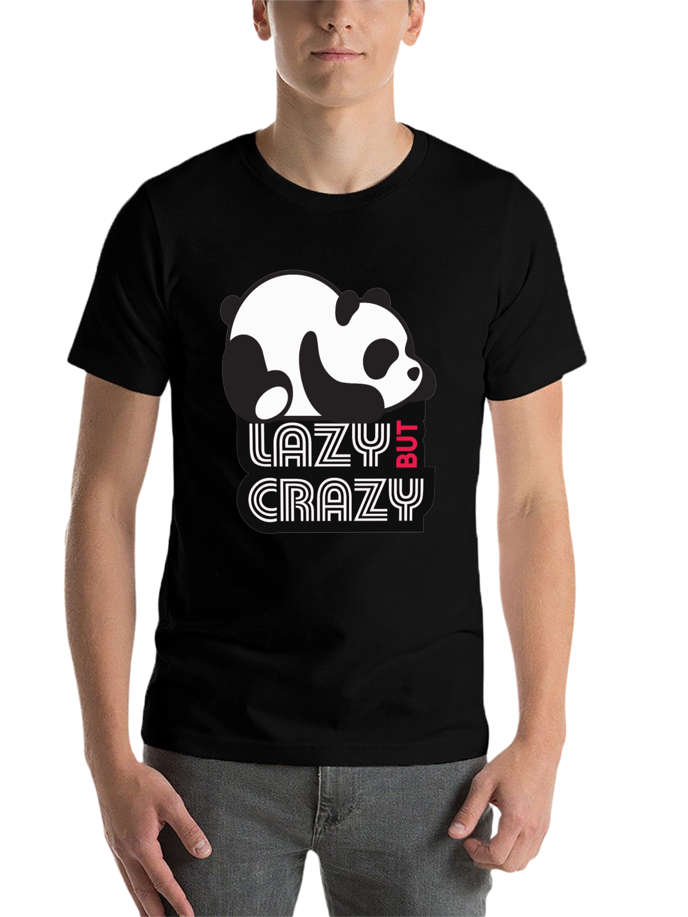 Black Lazy But Crazy Panda T-Shirt - Black Cotton Tee view 7
