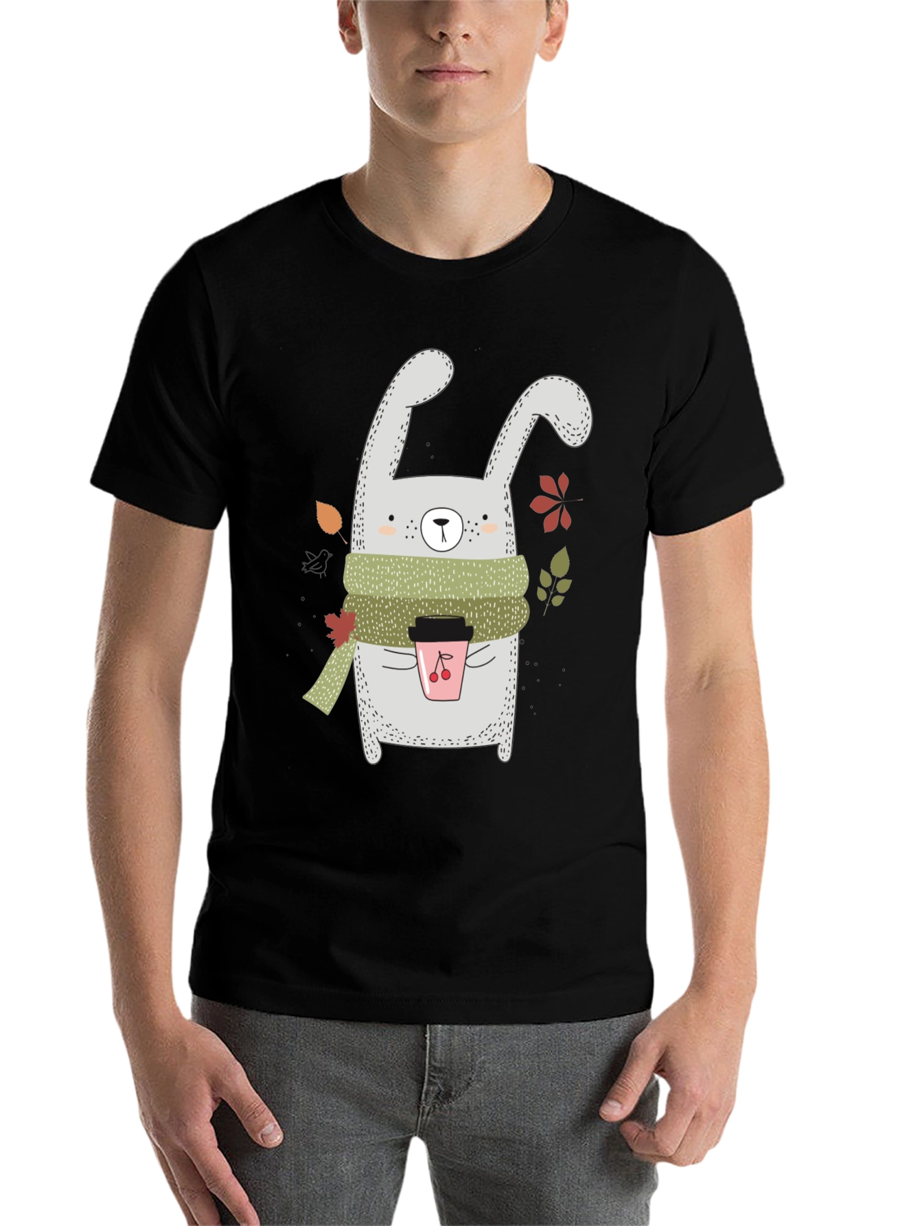 Black Cute Bunny with Coffee T-Shirt view 7