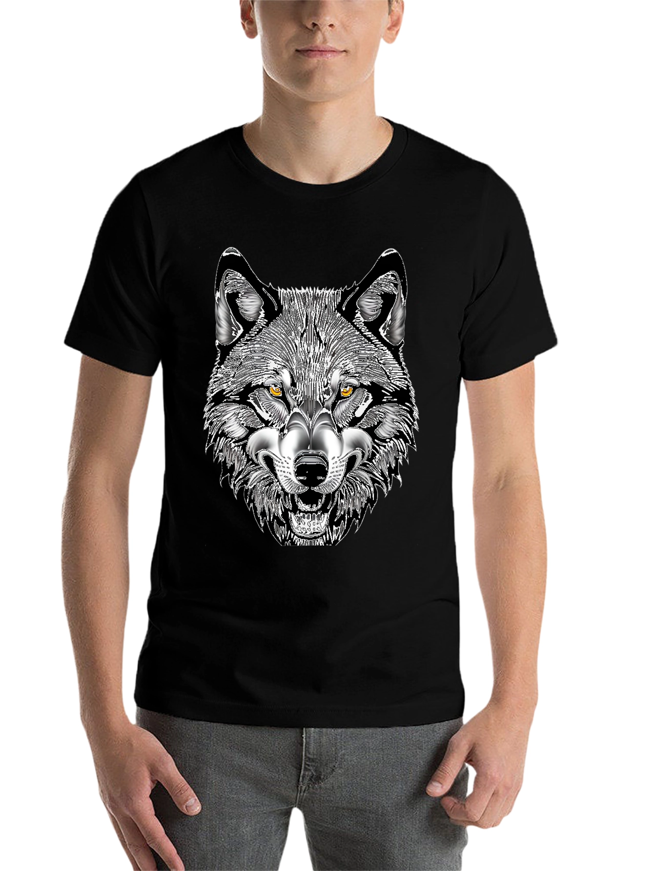 Black Men's Black T-Shirt with Wolf Graphic Print view 7