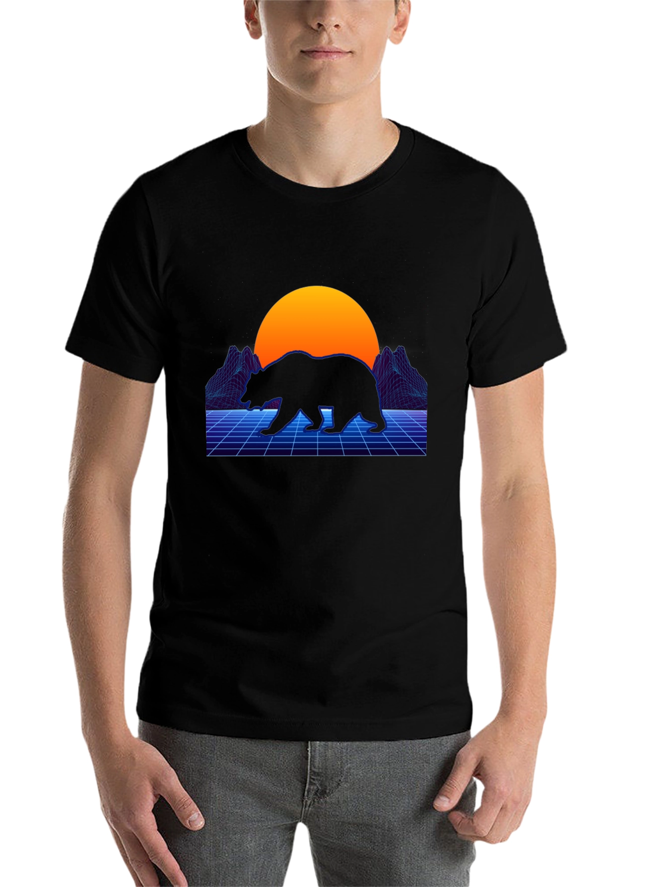 Black Retro Bear T-Shirt - Synthwave Style view 7
