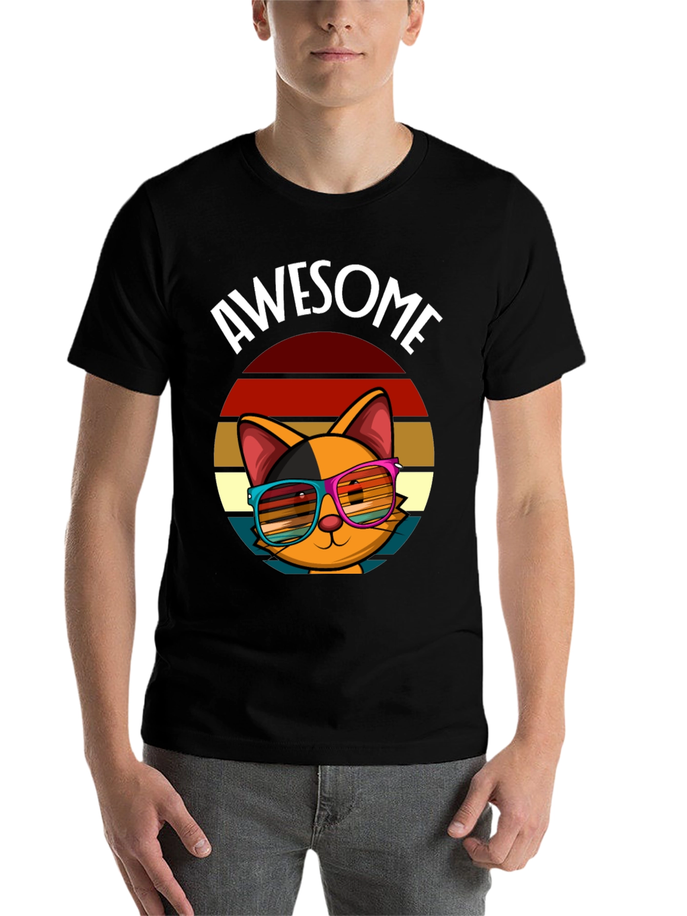 Black Awesome Cat T-Shirt with Retro Sunglasses view 7