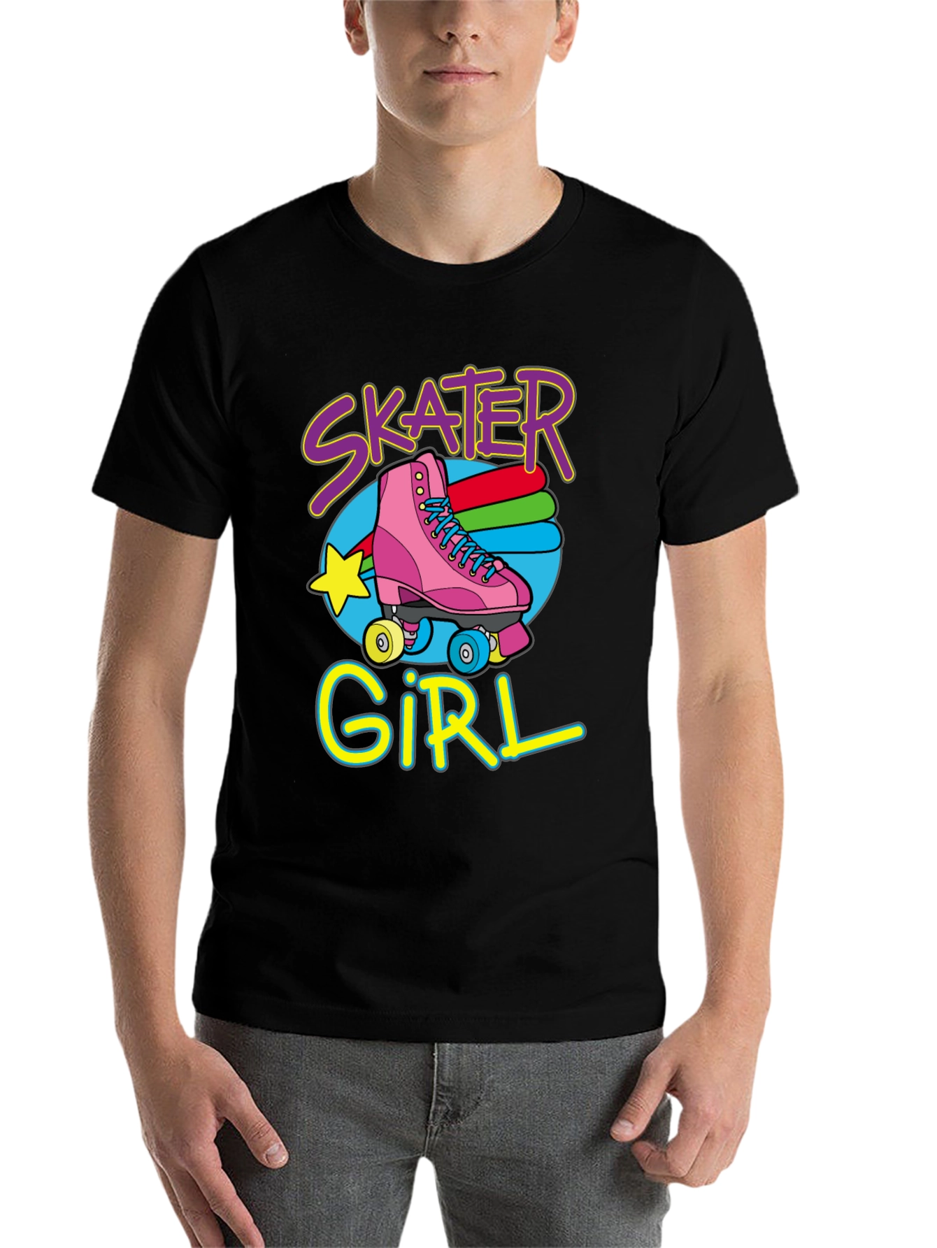 Black Skater Girl T-Shirt: Retro Roller Skate Design view 7
